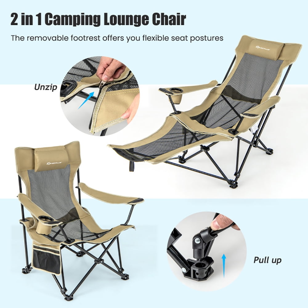 Barara King Folding Camping Lounge Chair with Detachable Footrest and Adjustable Backrest (Khaki, One Size) r4nmc