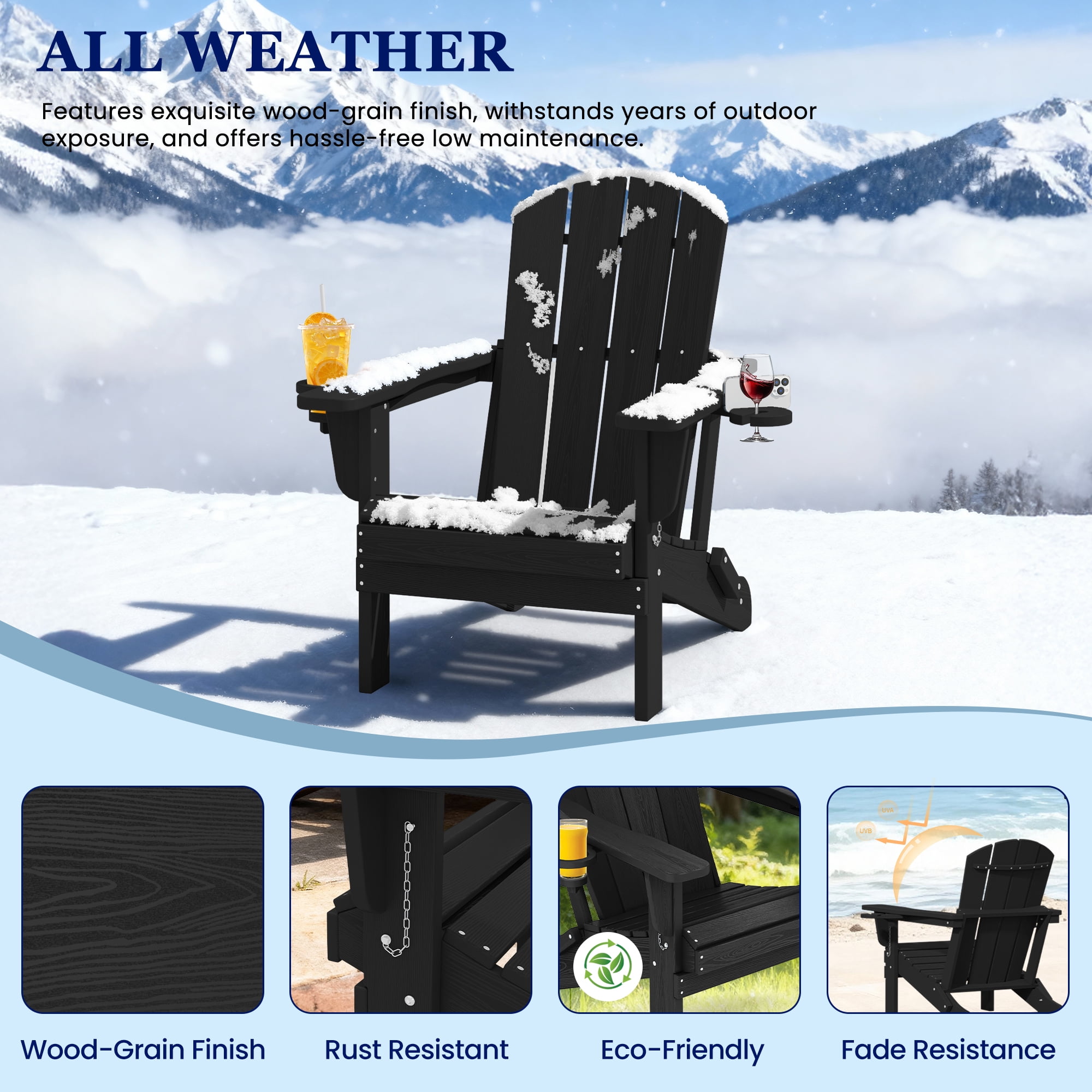 SERWALL Folding Adirondack Chair Set, All-Weather HDPE Patio Furniture with Cup & Phone Holders (Black, 32.5 in x 29.3 in x 35.8 in) ps3gb