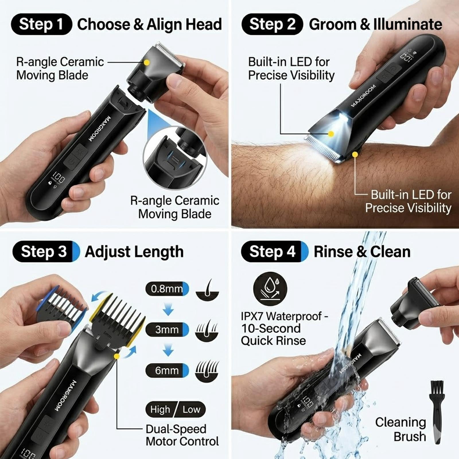 MAXGROOM 3-in-1 Electric Body Hair Trimmer for Men, Waterproof Groin & Ball Shaver with LED Light (Black, 1-Pack) cw9dw
