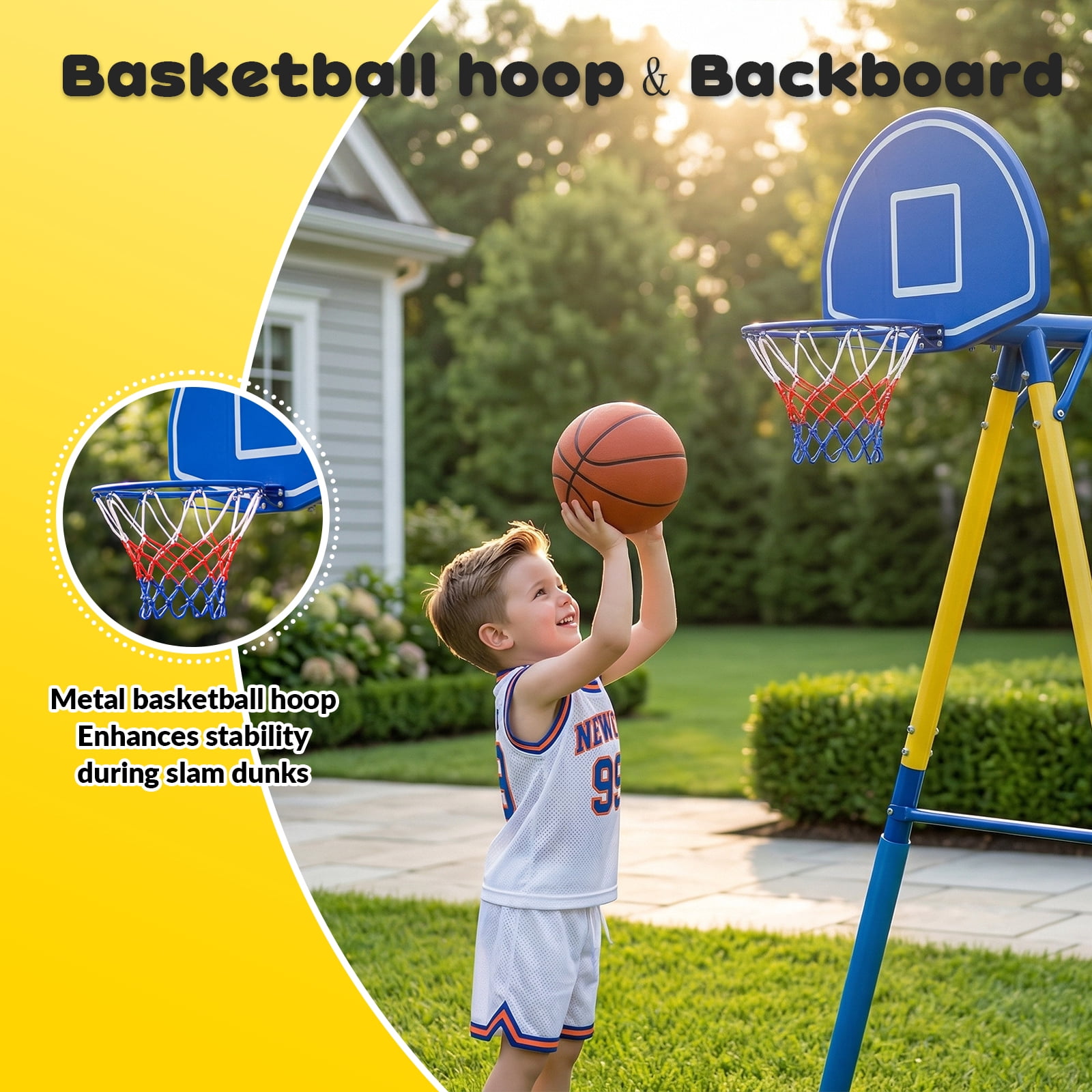 Gardwin Metal Swing Set with Trampoline and Slide (Yellow, 1000 lb Capacity) 9y98a
