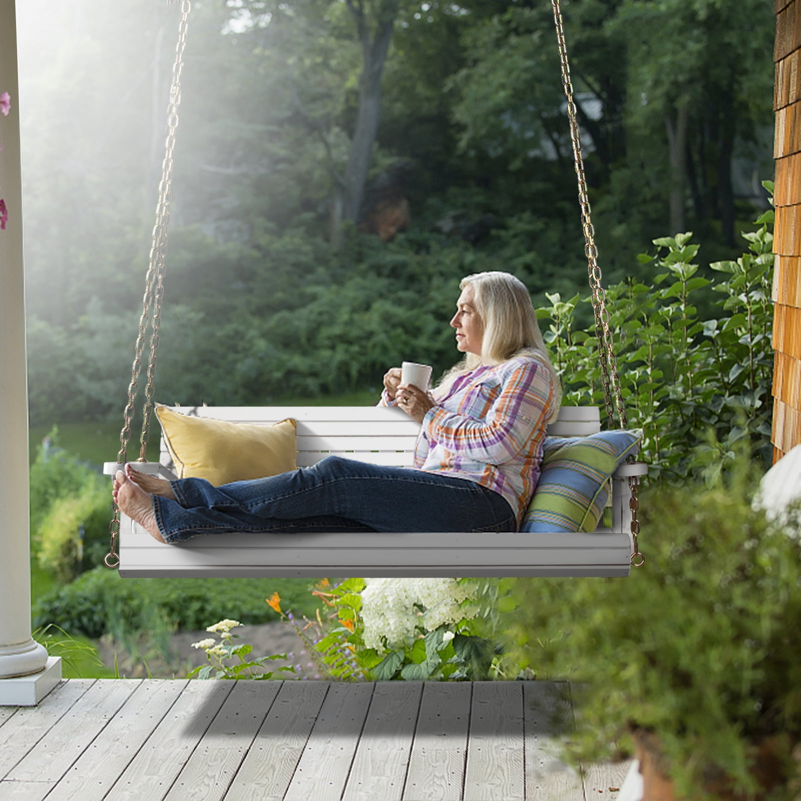Zimtown Wooden Porch Swing Bench, Heavy-Duty Outdoor Hanging Chair with Chains (White, 5 ft) bi4zv