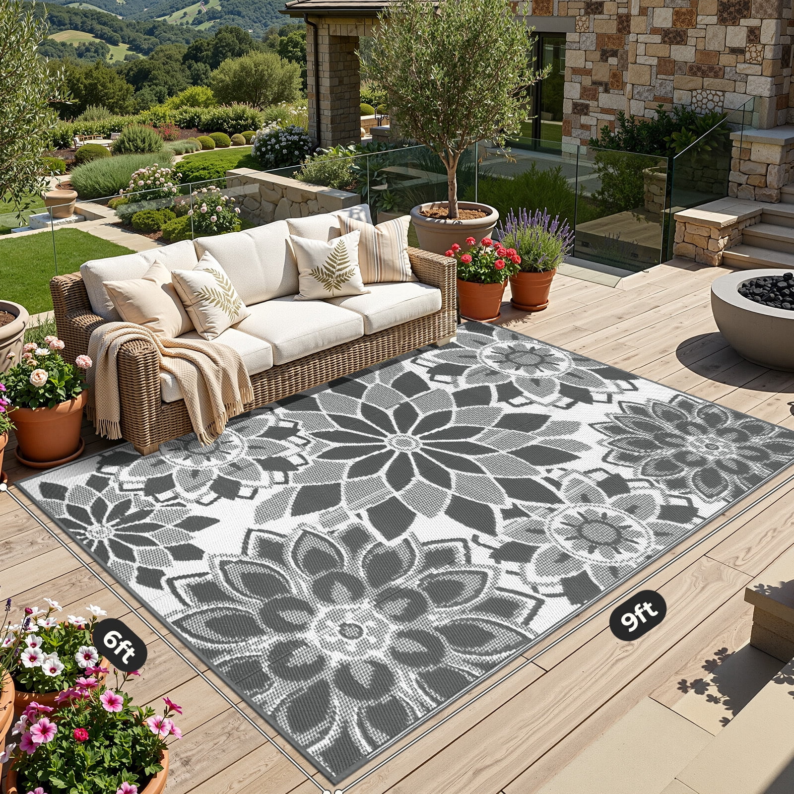 Findosom Reversible Outdoor Rug, Waterproof Plastic Straw Patio Mat for Camping and RV (Grey, 6 ft x 9 ft) ci7al