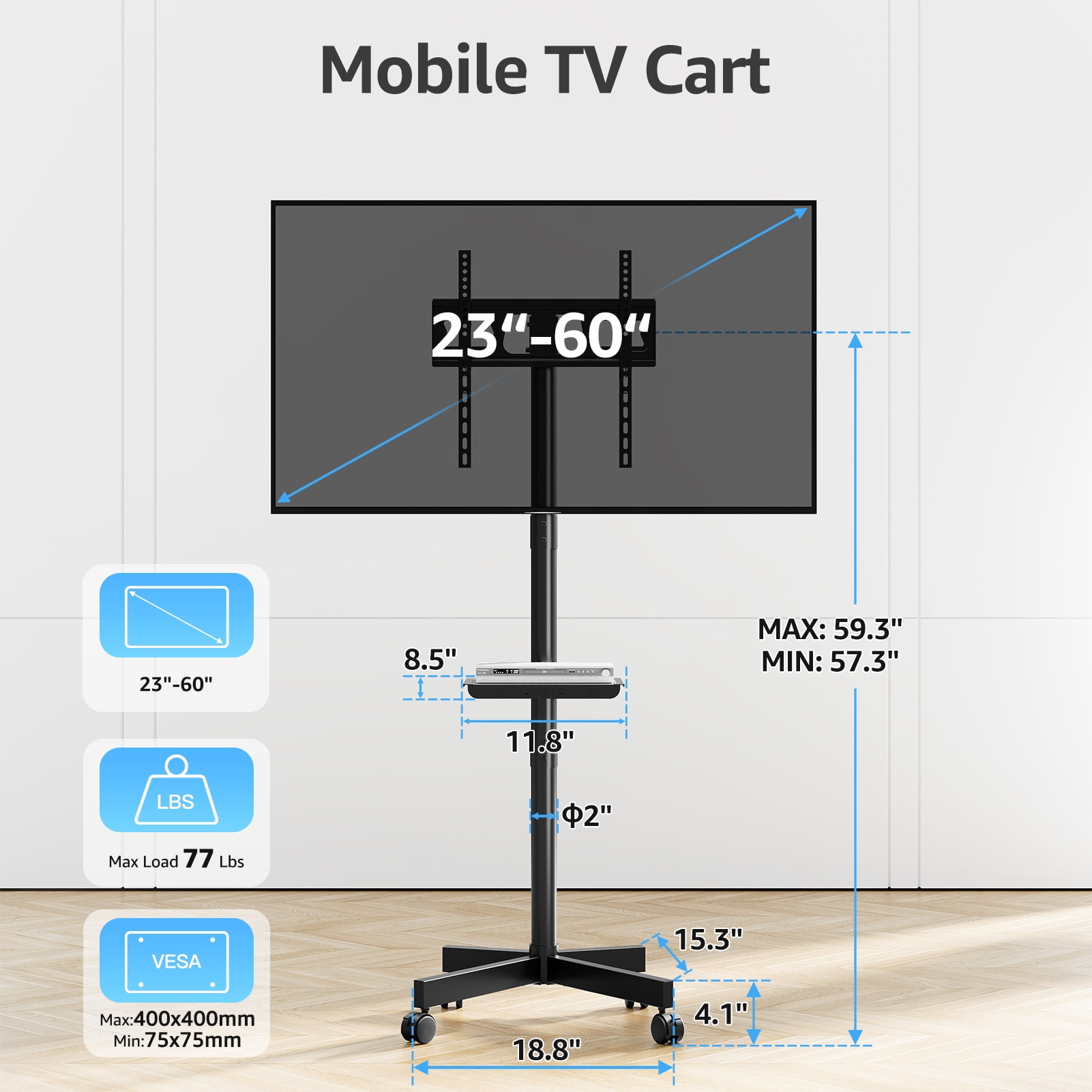 HOMOUNT Mobile TV Stand Rolling TV Cart for 24-60 in Screens (Black, 77 lb Capacity) uqjfn