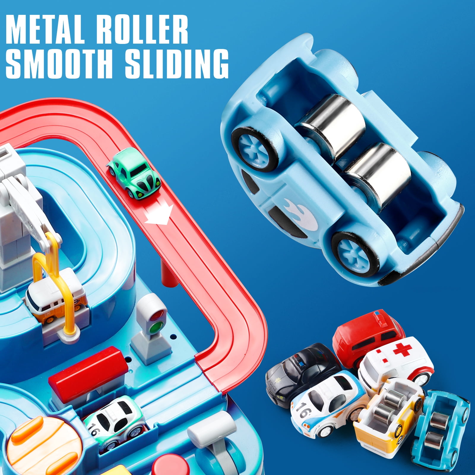 NETNEW Adventure Race Car Track Playset with 4 Mini Vehicles and 1 Helicopter (Blue, 1 Set) p5cmm