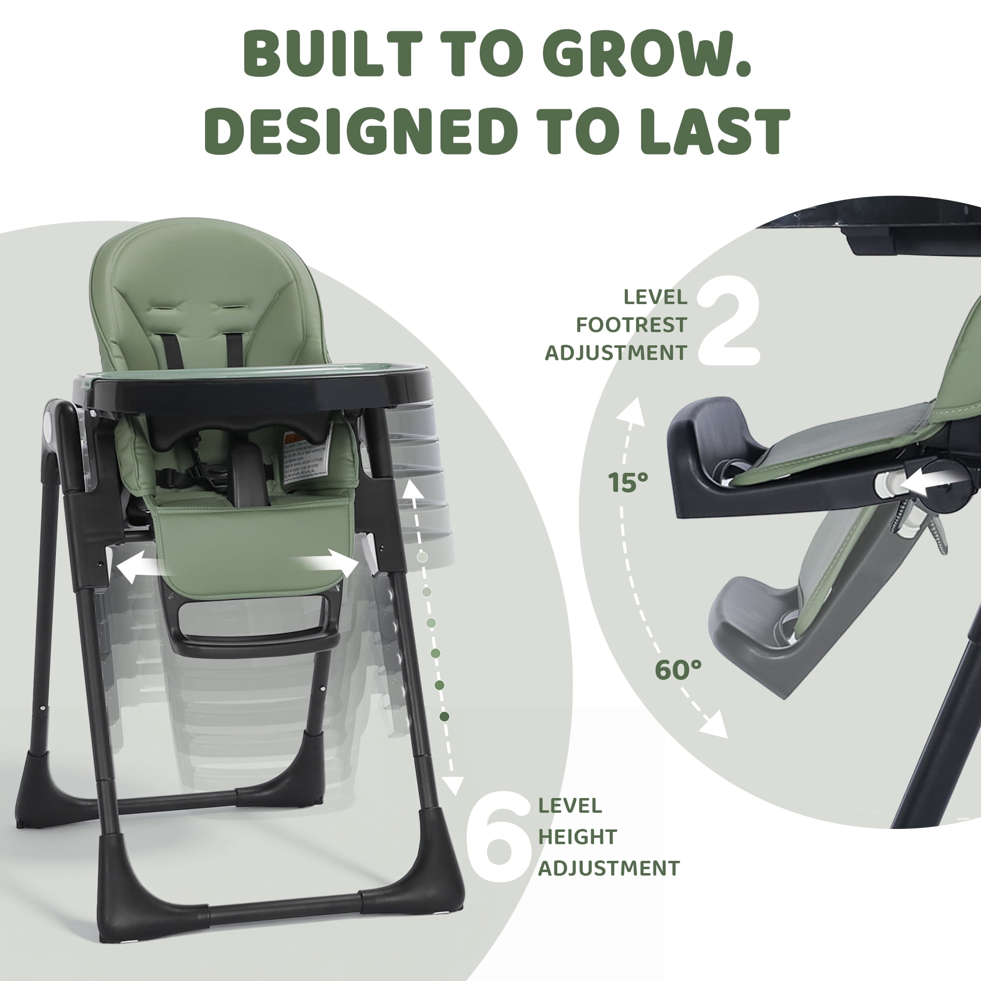AILEEKISS Foldable Baby High Chair with Detachable Double Trays and Adjustable Recline (Green) xfin6