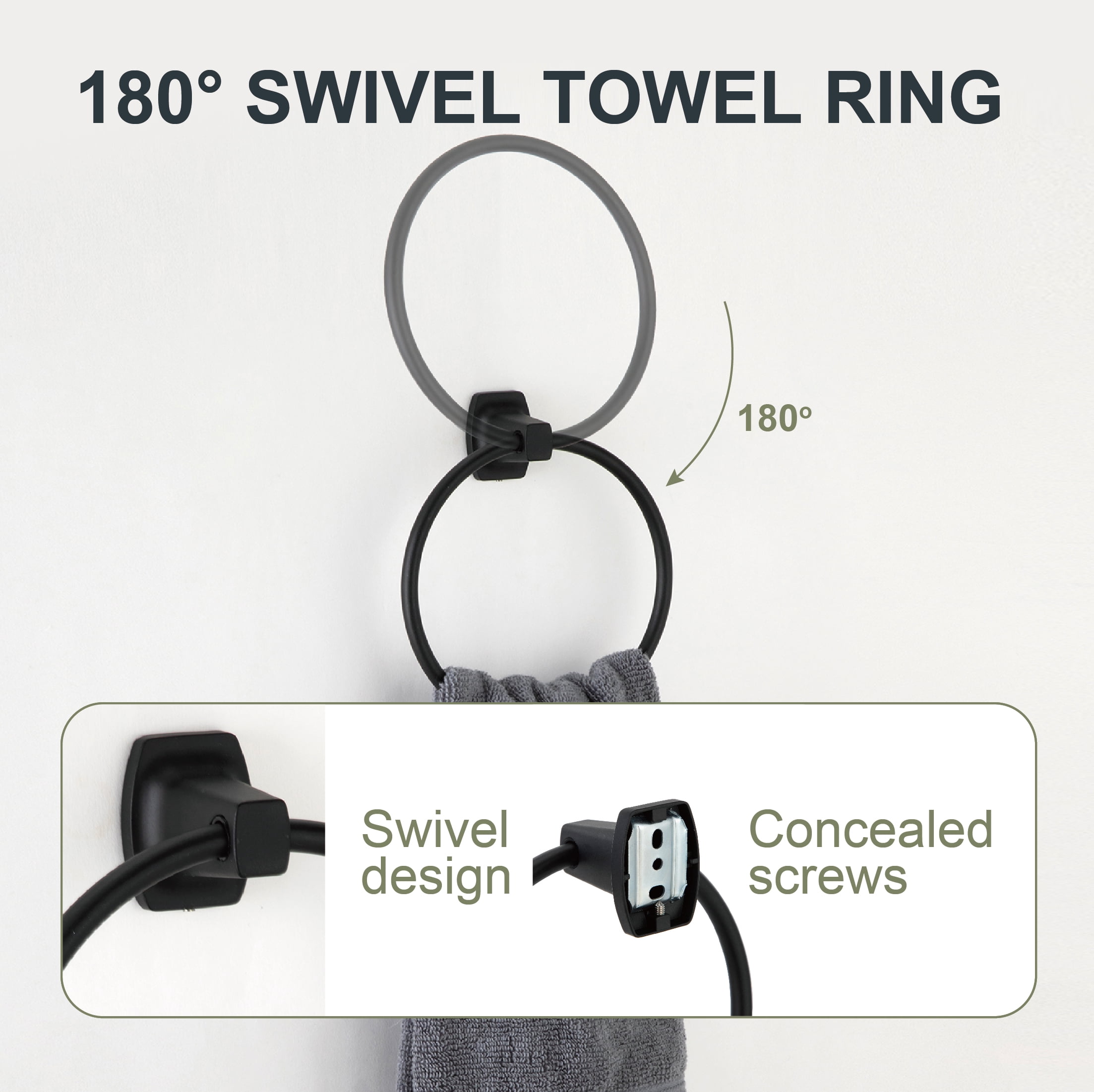 Mainstays Square Wall Mount Towel Ring (Matte Black, 6.14 in x 7.09 in x 2.16 in) qta23