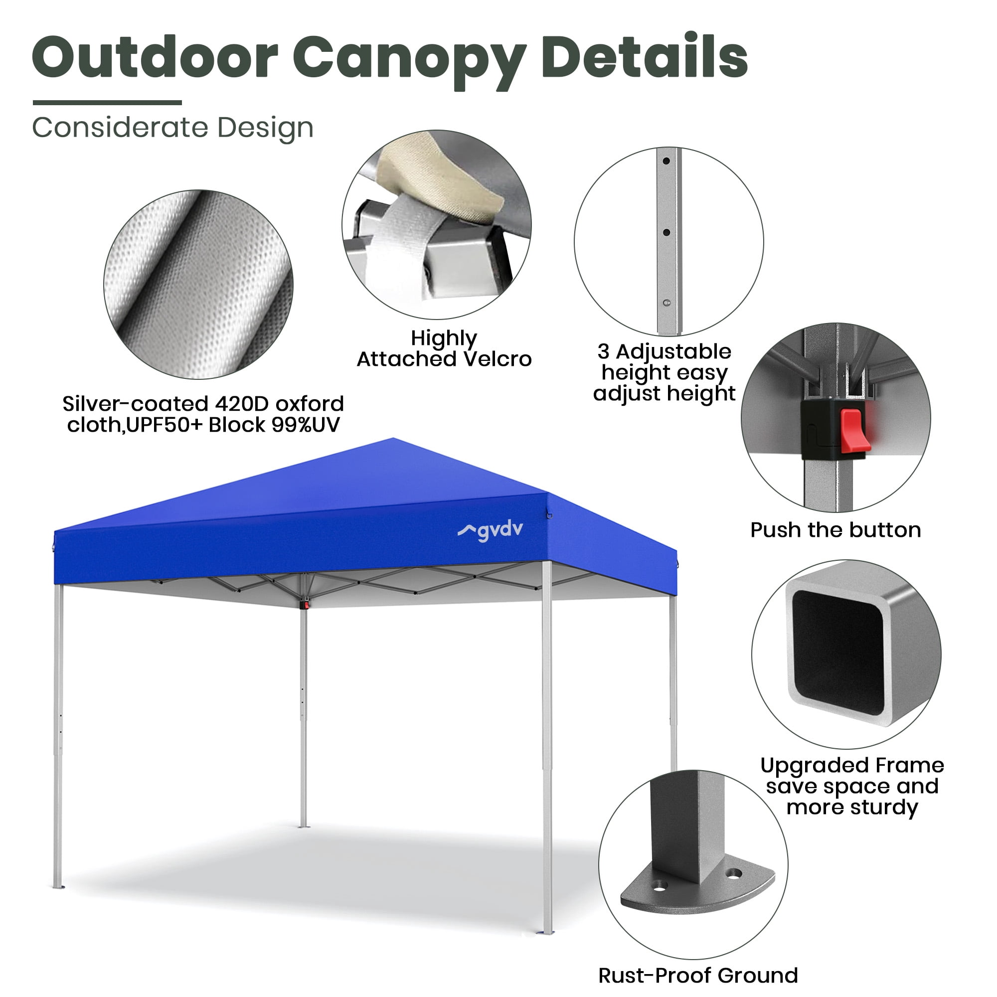 GVDV 10x10 ft Pop-up Canopy Tent, Heavy-Duty Outdoor Gazebo with Adjustable Height (Blue, 10x10 ft) k4s2a