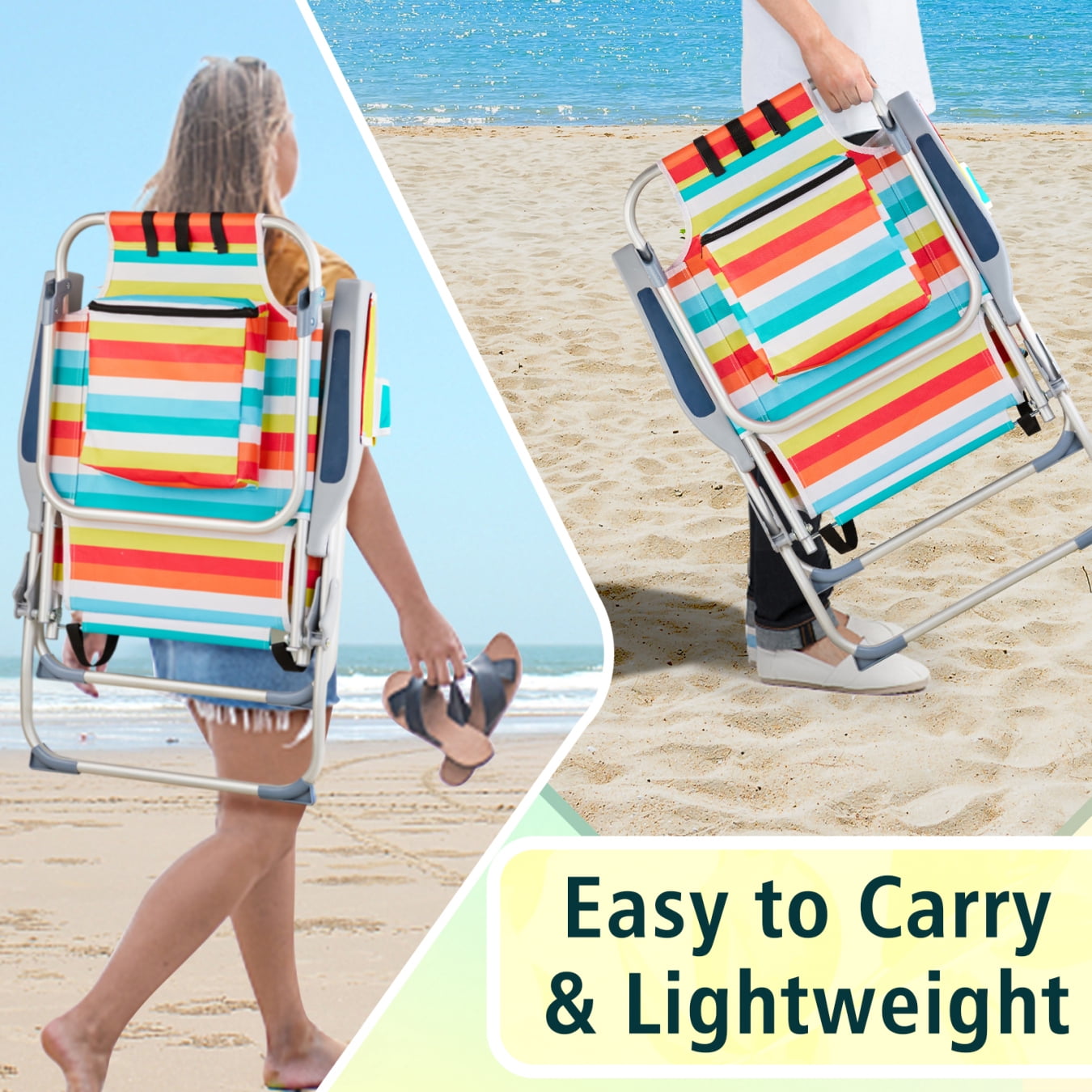 voqoomkl Aluminum Beach Chair with 5-Position Adjustable Backrest and Storage Pouch (Rainbow Stripes, 220 lb Capacity) 7f355
