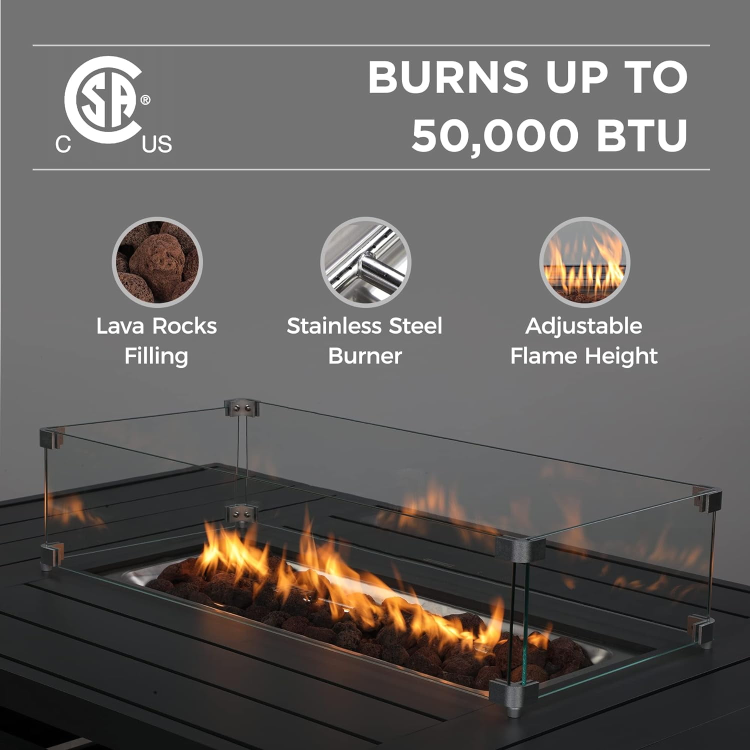 Cozy Home Rectangular Propane Fire Pit Table with 50,000 BTU Heat Output (Grey, 54.33 in x 31.89 in) sblyp
