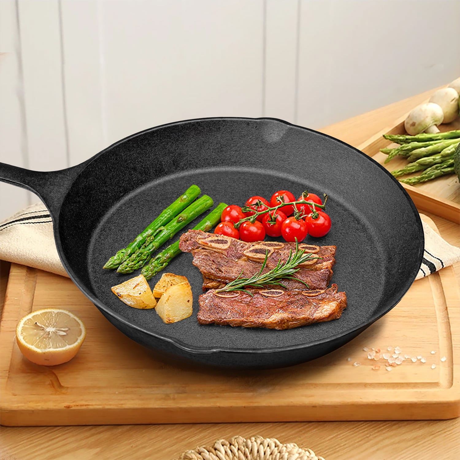 TINANA 12 inch Pre-Seasoned Cast Iron Skillet with Handle and Dual-Use Insulating Pad (Black, 12 in) zqeoq