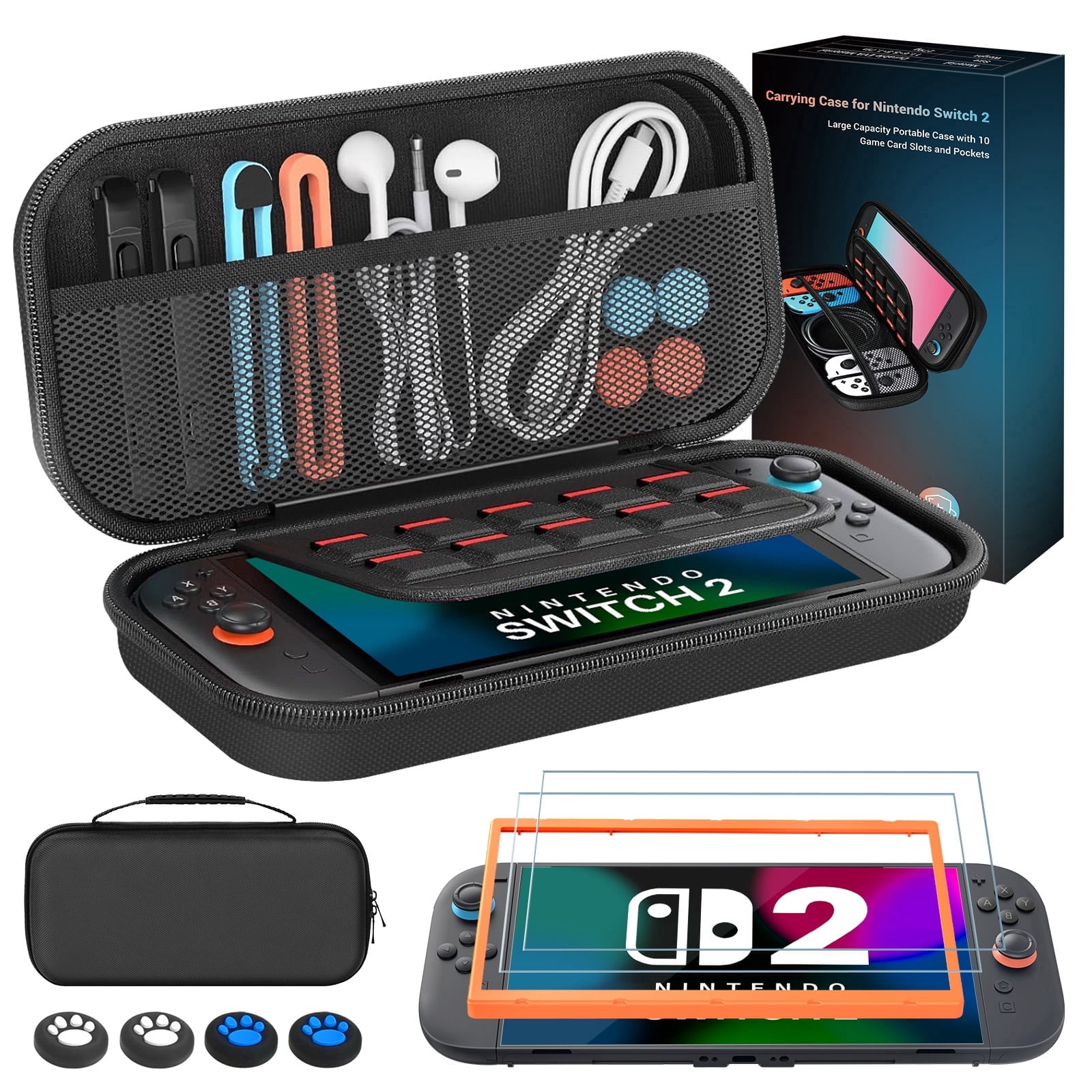 Afontoto Carrying Case for Nintendo Switch 2 (2025 Upgrade), Slim Hard Shell Travel Organizer with Screen Protectors & Thumb Grips (Black) j5mi1