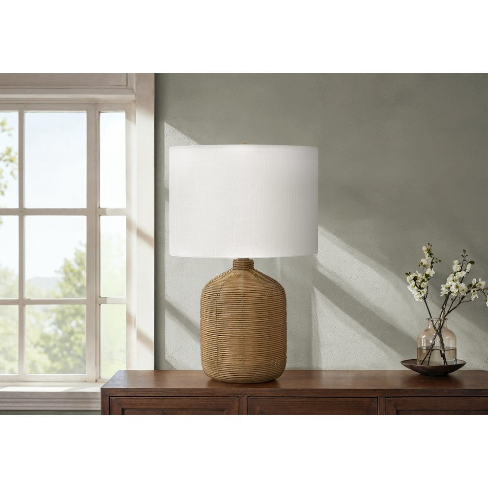 Monarch Modern Table Lamp with Rattan Base and Beige Fabric Shade (23 in. H) c0i59