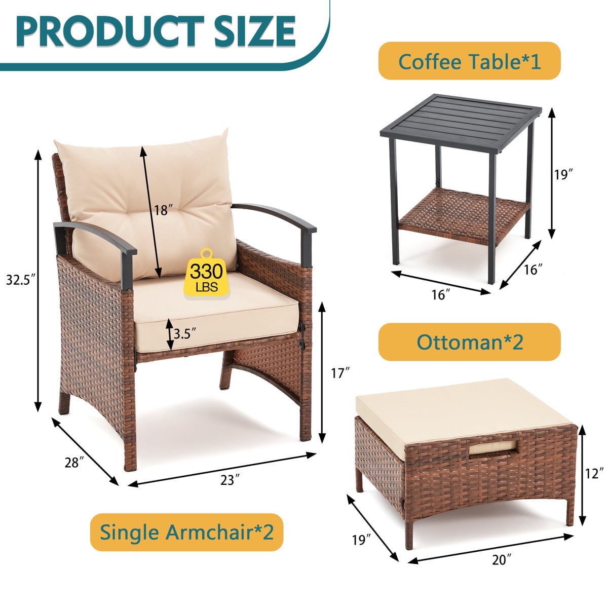 U-HOMY 2-Person Patio Conversation Set with Cushions and Footrests (Beige, 2-Piece) dj4yk