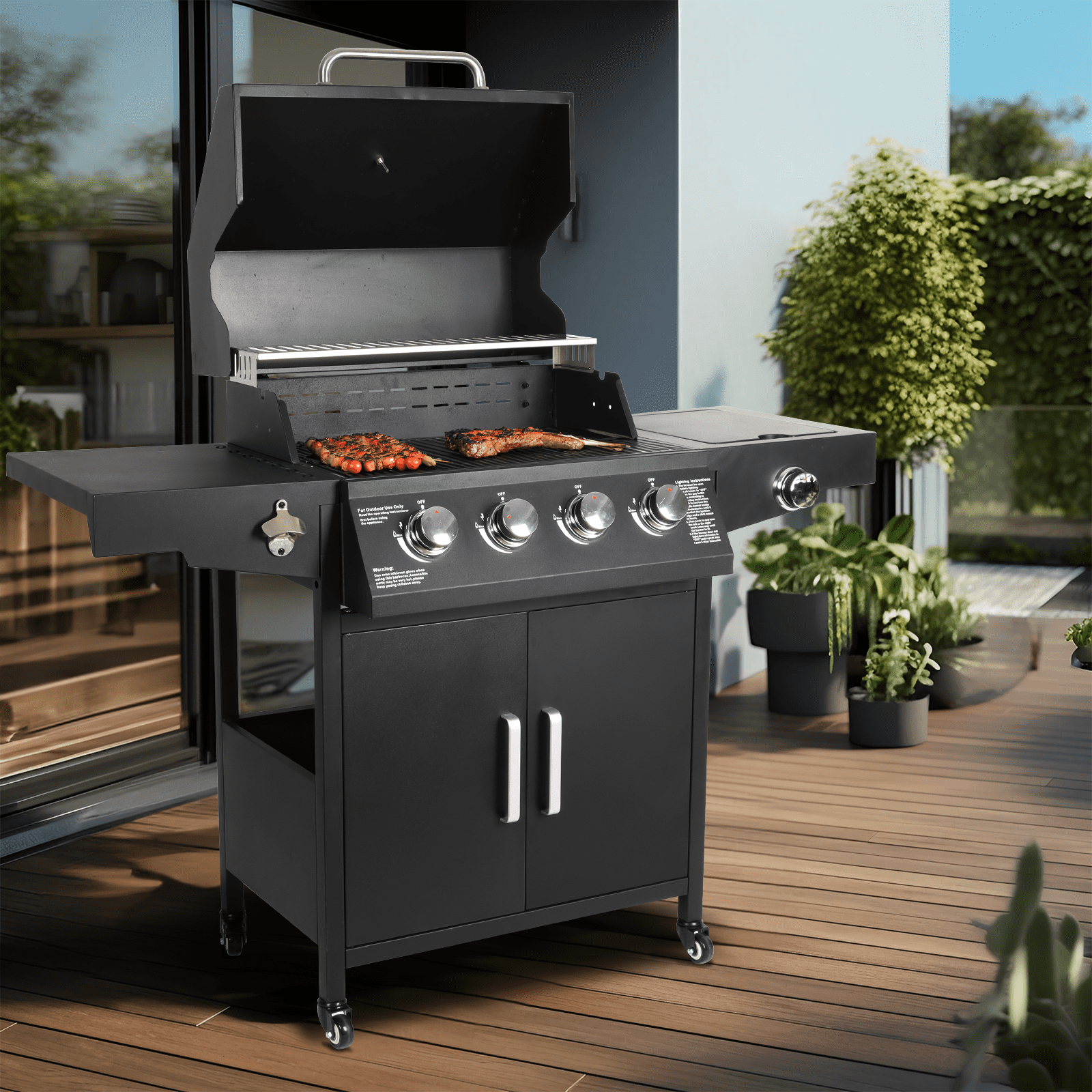 BETISEF 4-Burner Propane Gas Grill with Side Burner and Side Table (Black, 52 in x 16.7 in x 42 in) d3y9z