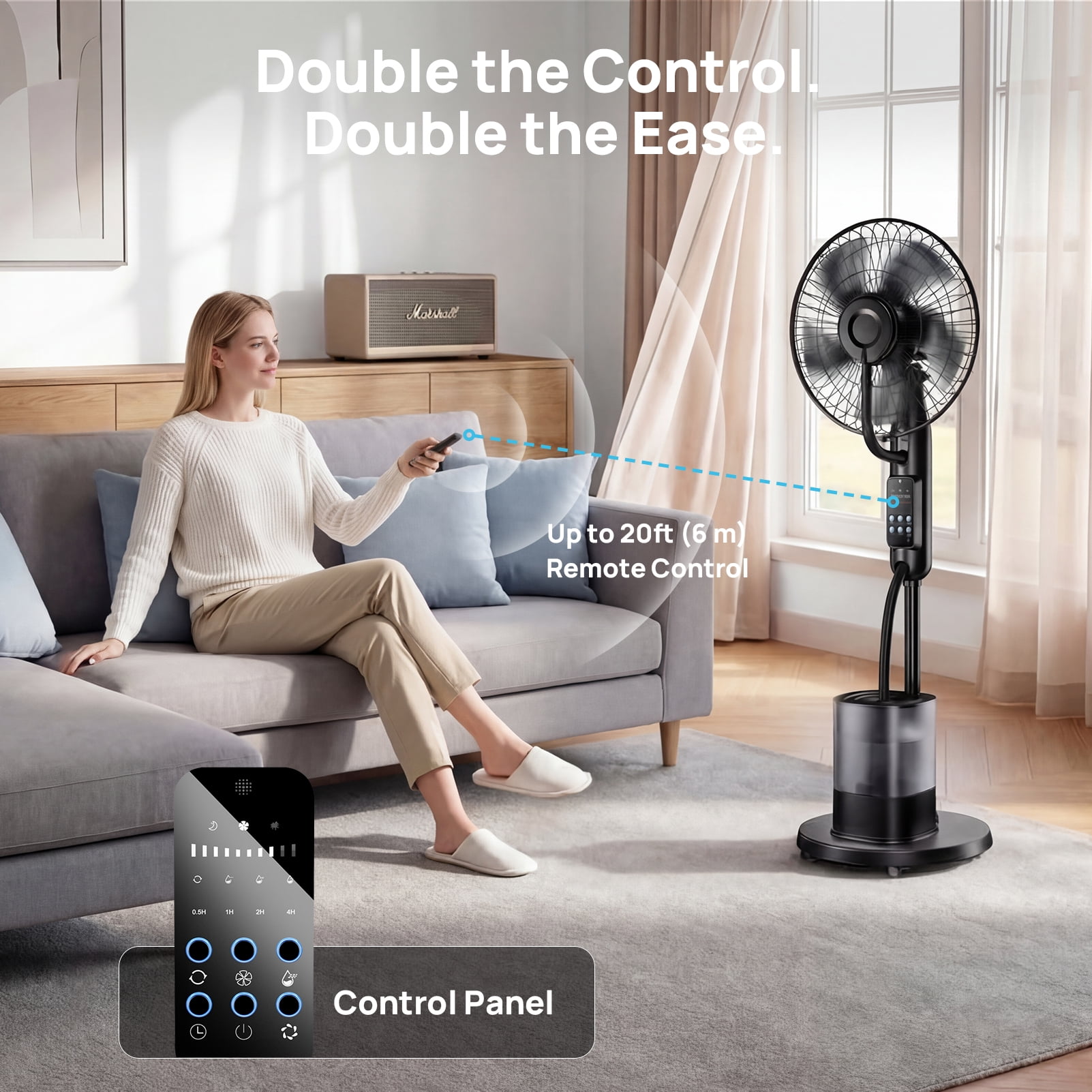 COWIN Pedestal Misting Fan, Oscillating Cooling Floor Fan with Remote, 5 Speeds & 3 Modes (Black, 1.06 gal) ixwi9