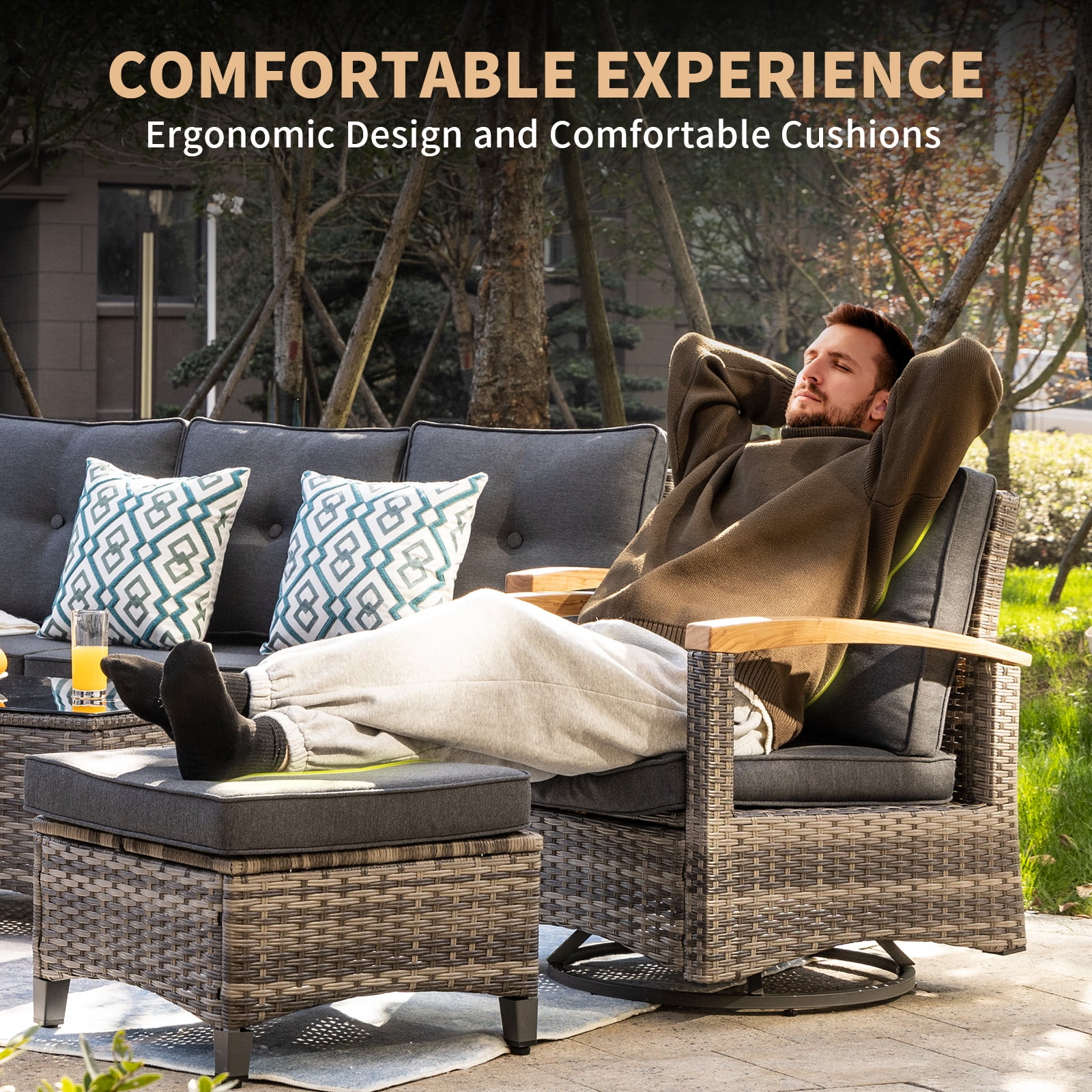 MEISSALIVVE 7-Piece Patio Furniture Set, Outdoor Rattan Conversation Set with Swivel Rocker Chairs and 3-Seat Sofa (Gray, 7-Piece Set) 6w9aq