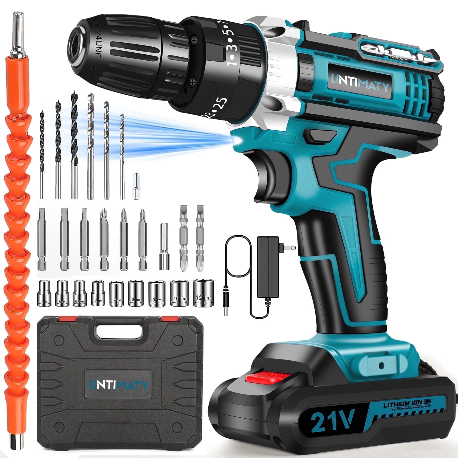 UNTIMATY 21V Cordless Power Drill Set with Battery and Charger (Blue, 3/8 in Chuck) zhzbb