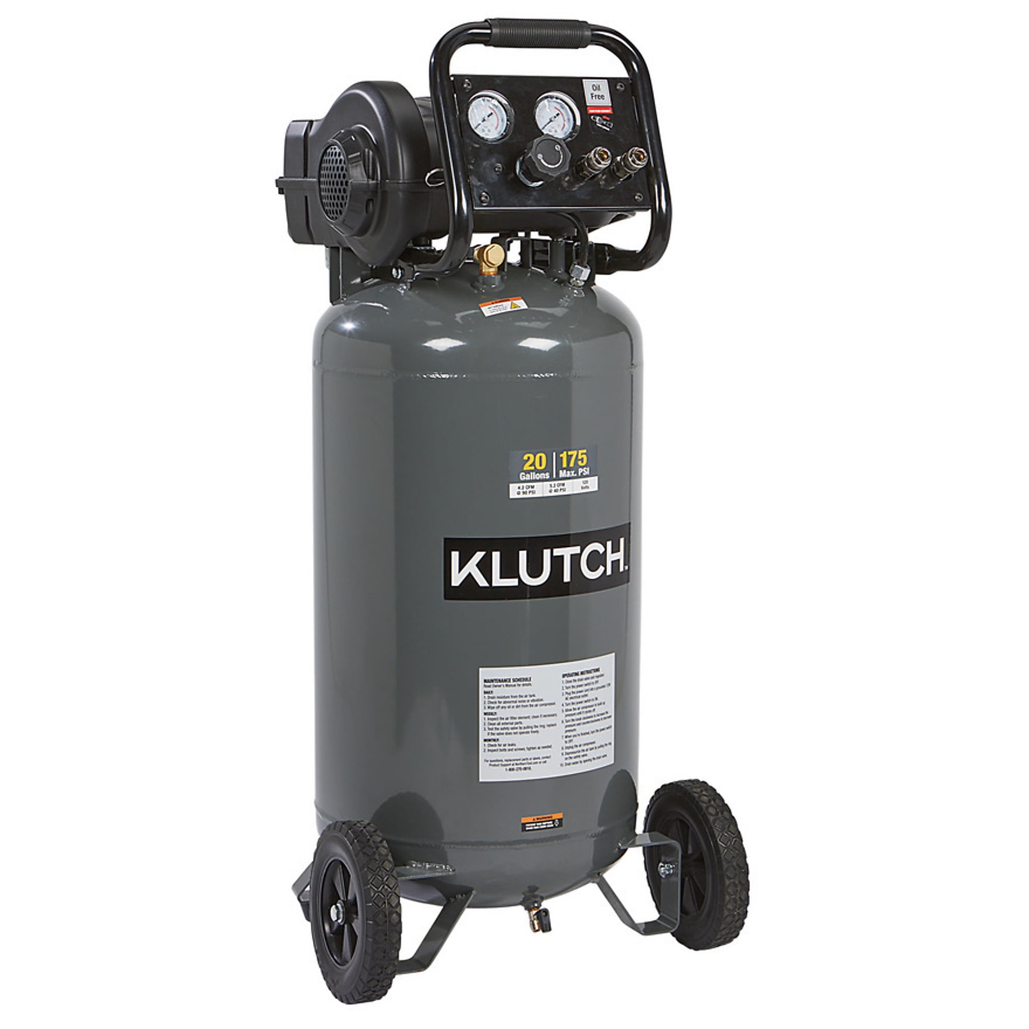 Klutch 20-Gallon Air Compressor (2 HP, 120 Volts, 175 PSI, Grey) ahkbe