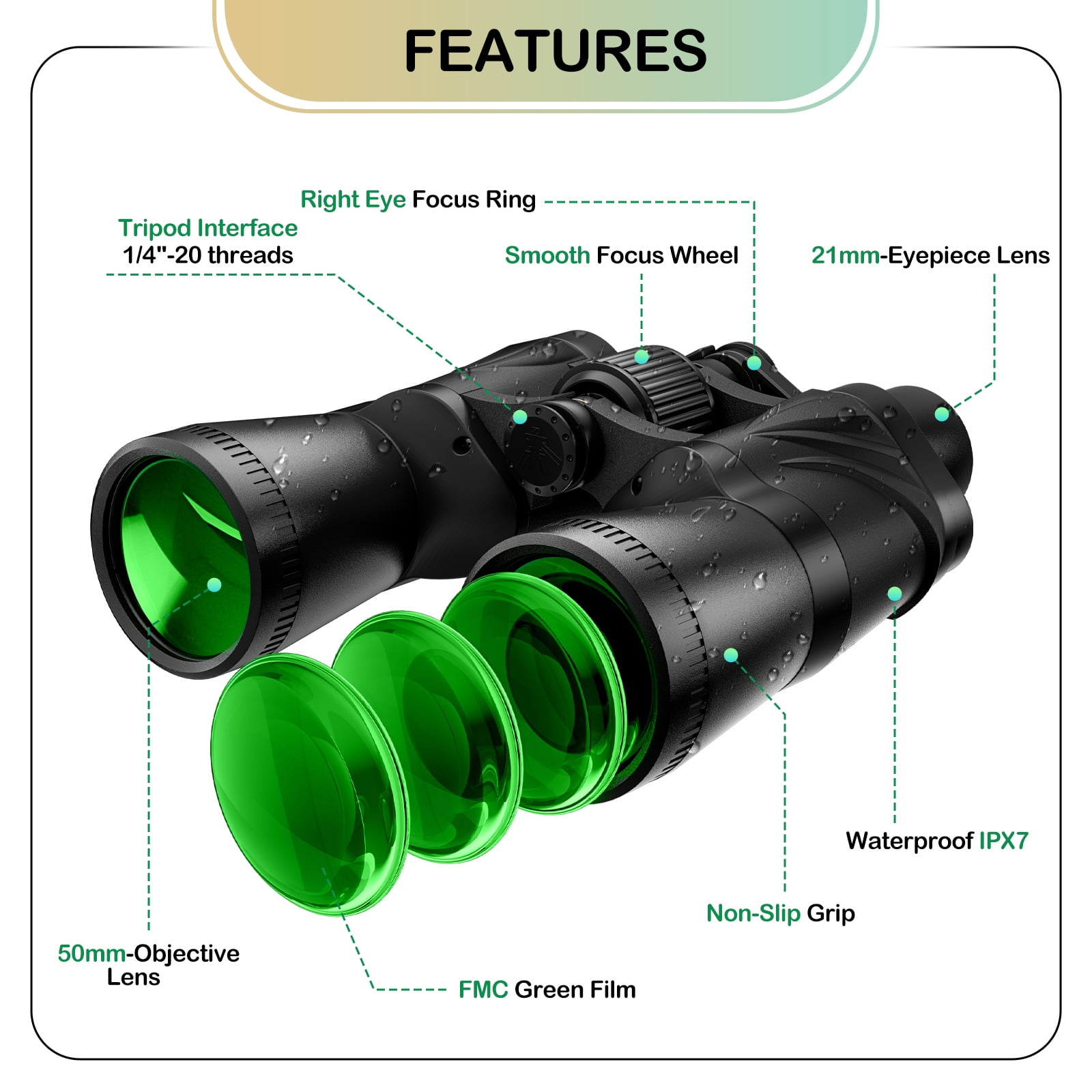 LAKWAR 20x50 High Powered Binoculars for Adults, Waterproof Outdoor Optics with BAK4 Prism Lens (Black, 20x50) mdm1q