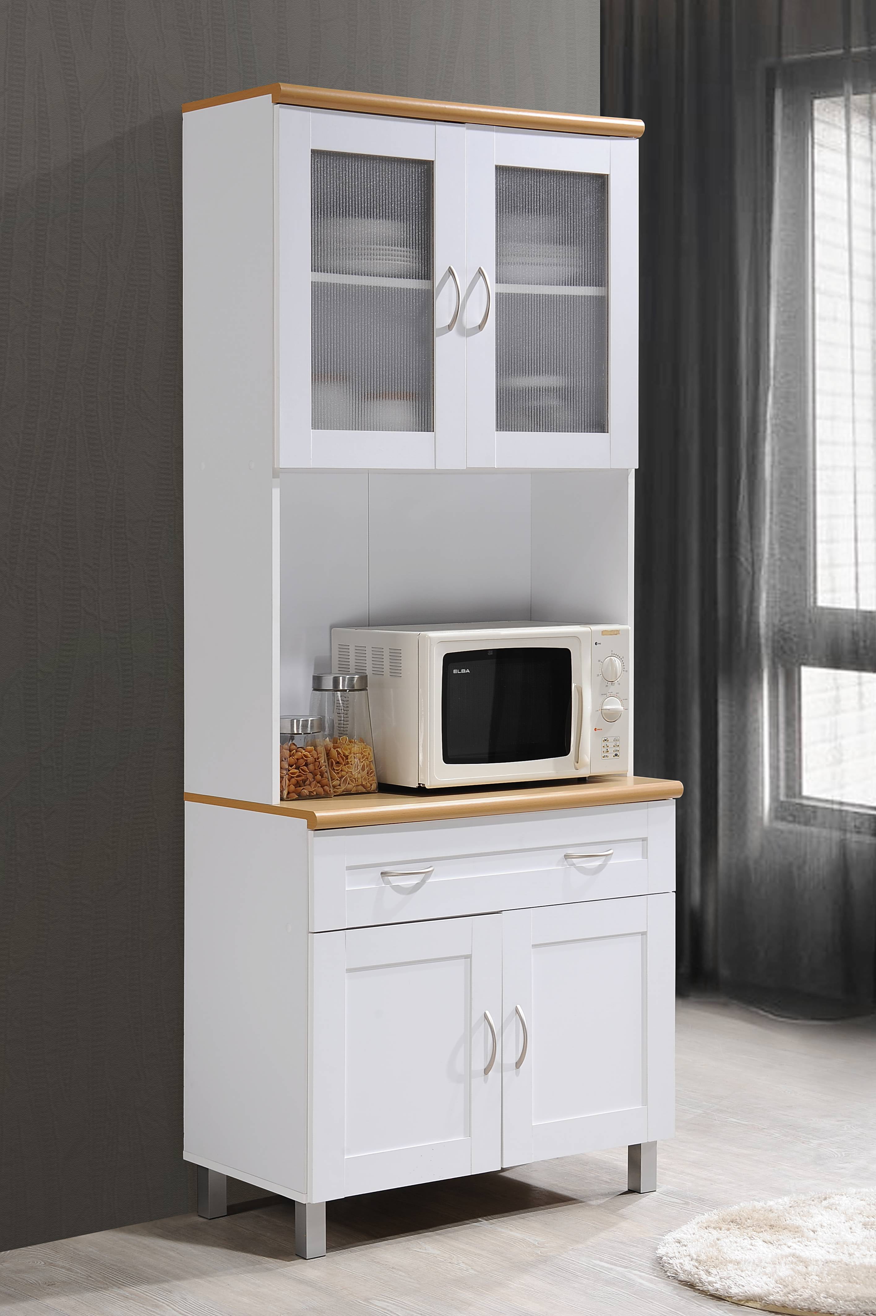Hodedah Tall Free Standing Kitchen Cabinet with Microwave Storage and Drawer (White, 79 in. H x 32 in. W x 17 in. D) zf1pn