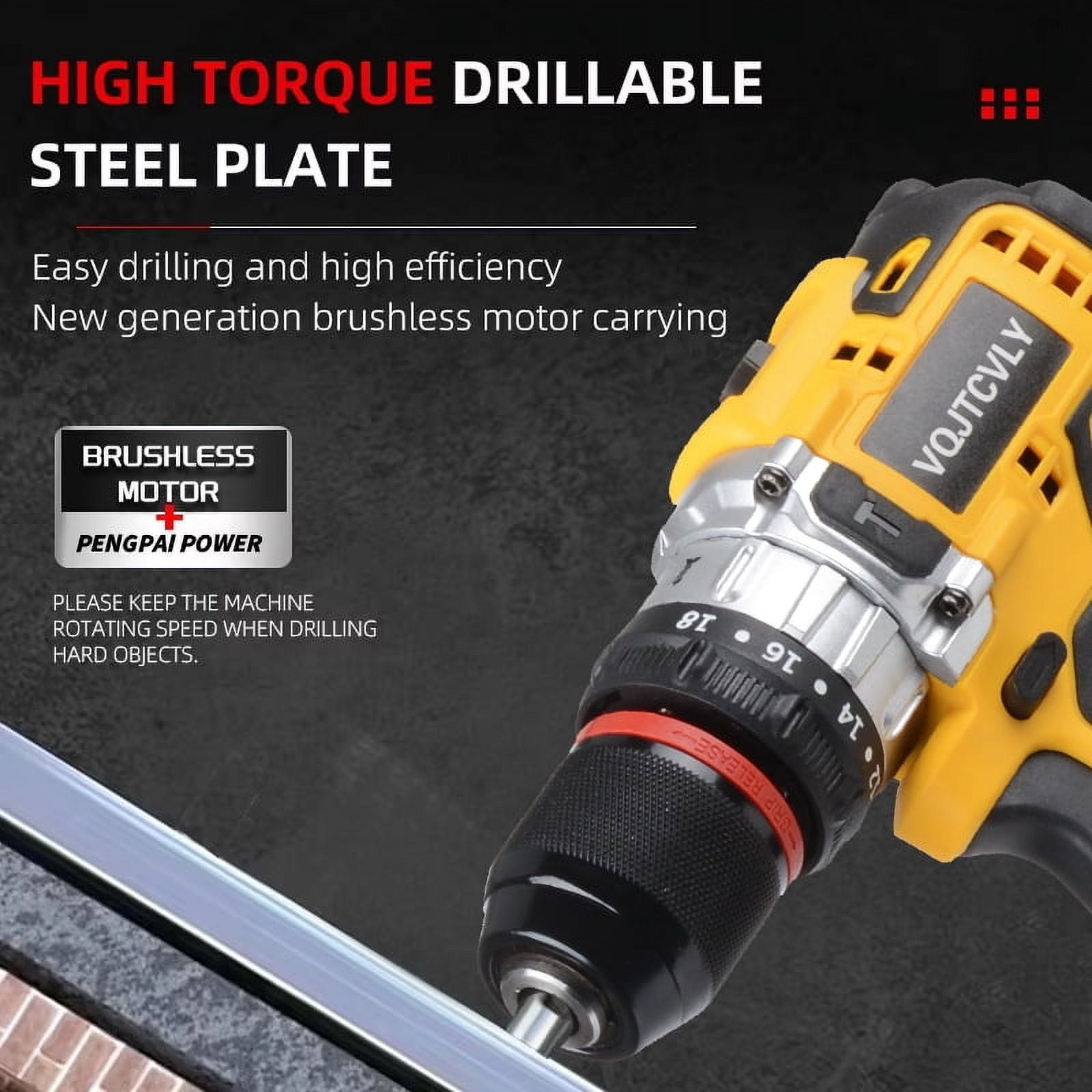 Euur 21V Brushless Cordless Power Drill Set with Battery, Charger, and 26-Piece Accessory Kit (Yellow, 3/8 in Chuck) twn5s