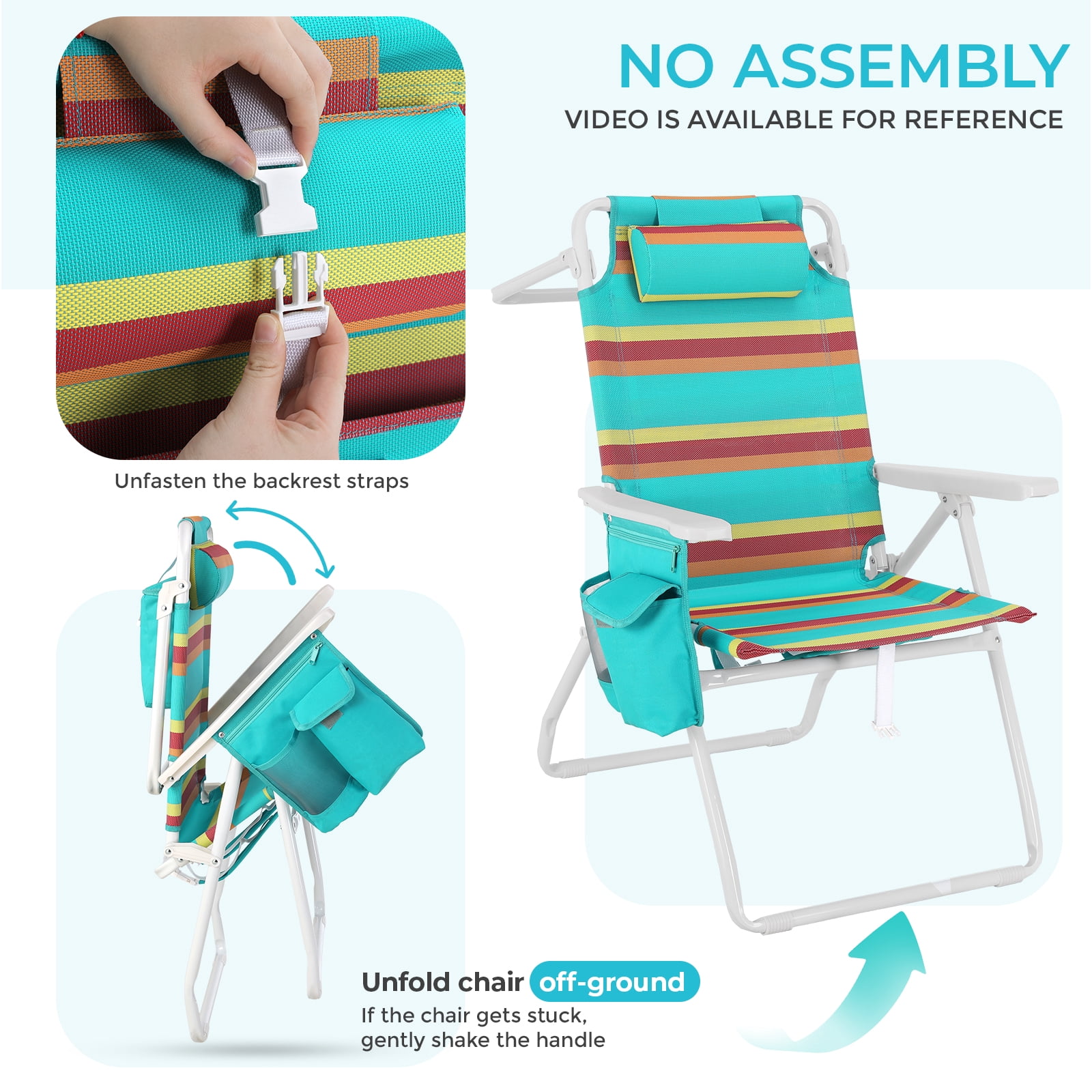 Pirecart Folding Backpack Beach Chairs with 5-Position Recline and Cooler Pouch (Multi-Color Stripes, Set of 2) 8sl2t