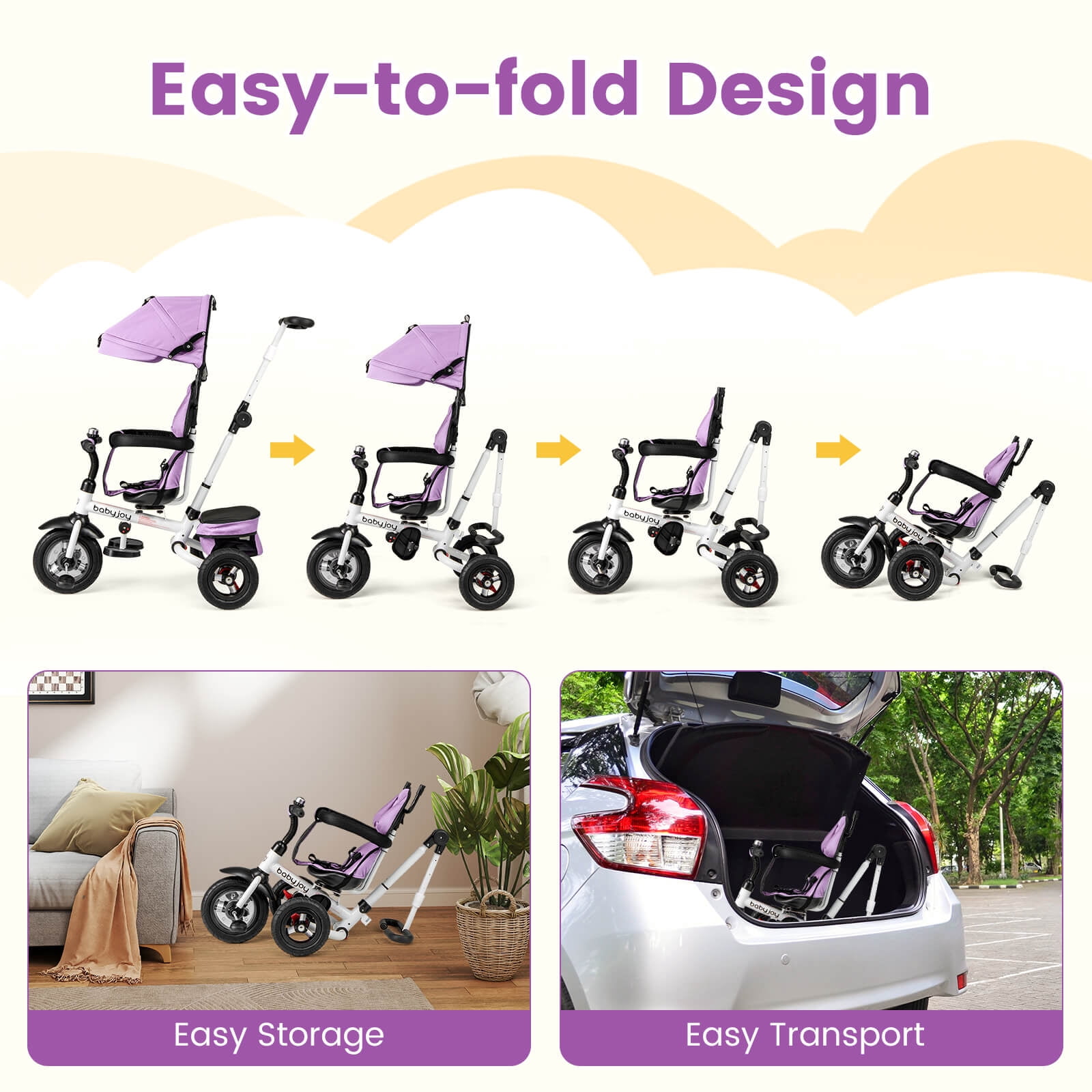 INFANS 5-in-1 Folding Toddler Tricycle with Adjustable Canopy and Storage (Pink) r4evd