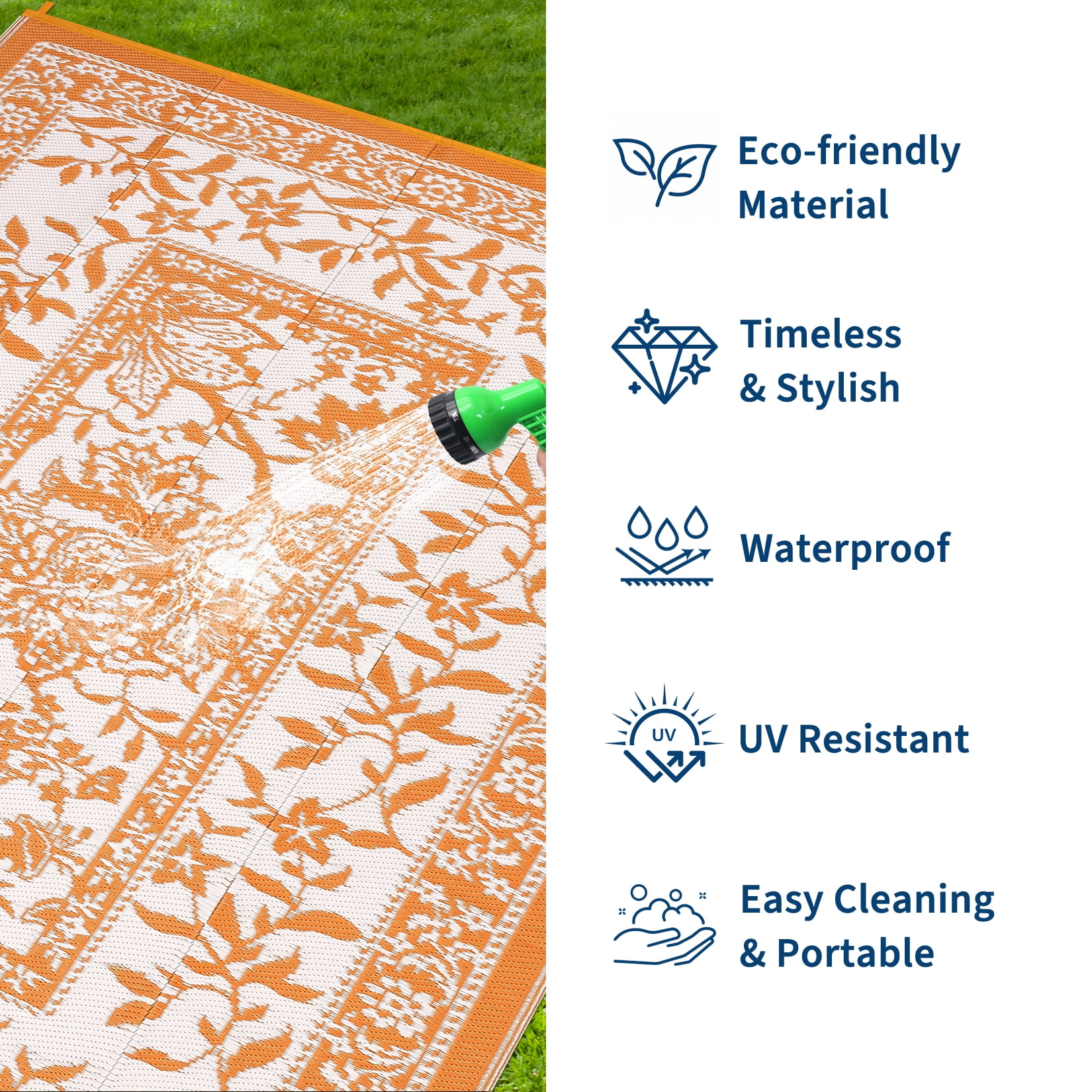 NANAN Outdoor Rug, Waterproof Plastic Straw Patio Mat, Botanical Floral Pattern for Deck Beach RV (Orange White, 8 ft x 10 ft) 542lf