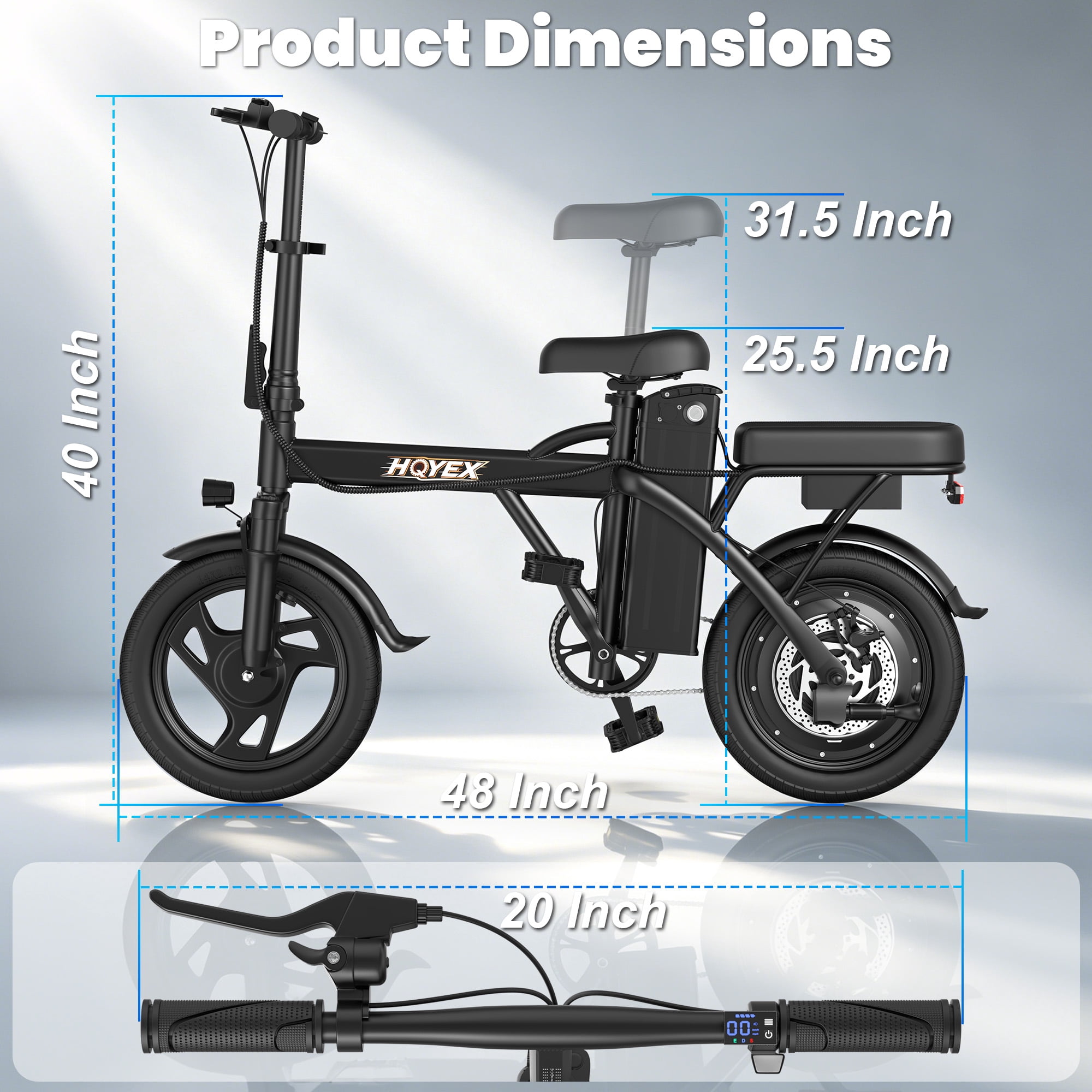HQYEX HQ14PRO 500W Electric Bicycle, Fat Tire Ebike with 48V 9Ah Battery, 22MPH Max Speed, Dual Brakes & Full Suspension (Black, 14 in) r6hz9