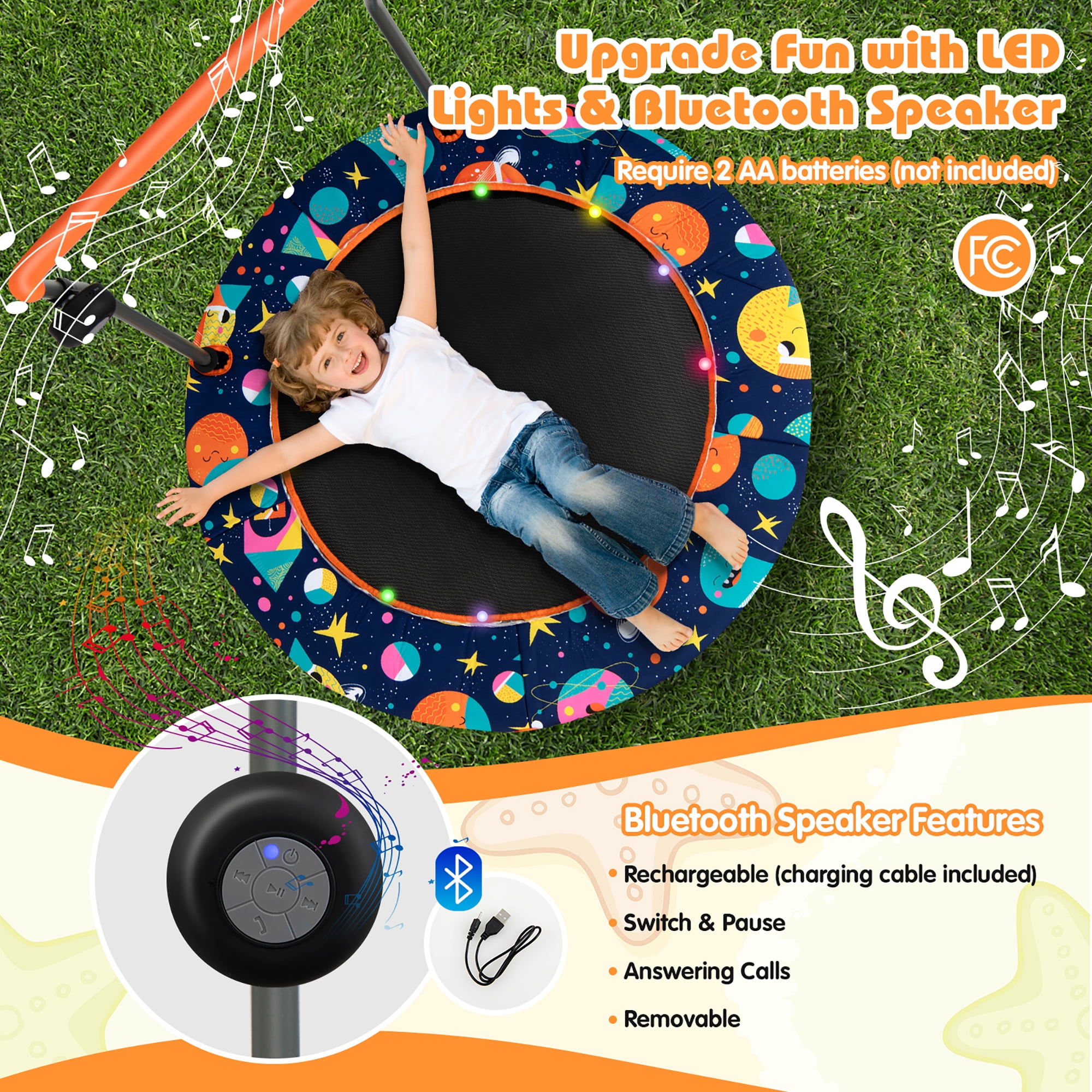 Costway 36 in Mini Toddler Trampoline with LED Lights and Bluetooth Speaker (Blue, 36 in) 8p6xt