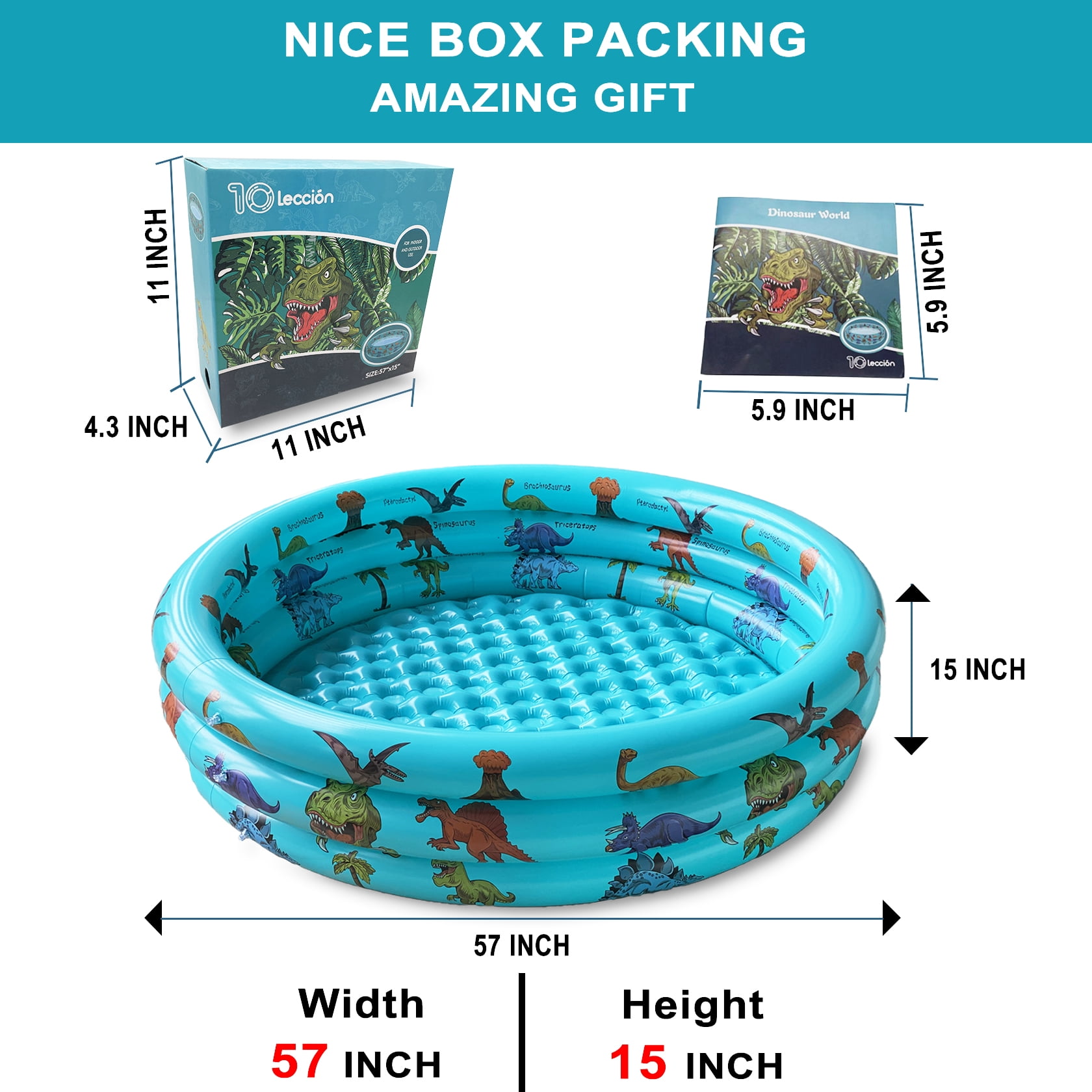 10Leccion Dinosaur Inflatable Kids Pool, Durable Round Swimming Pool for Toddlers, Portable Ball Pit (Blue, 57 in x 15 in) 6a2il