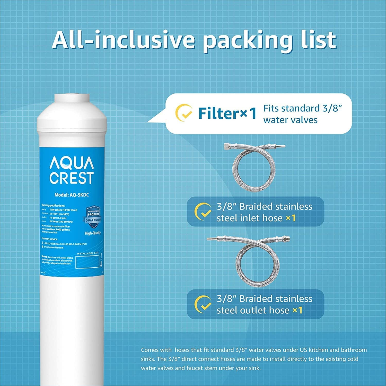 Aqua Crest 5KDC Under Sink Water Filtration System, Direct Connect Filter with 5,000 Gallon Capacity (1 Pack) jax3l