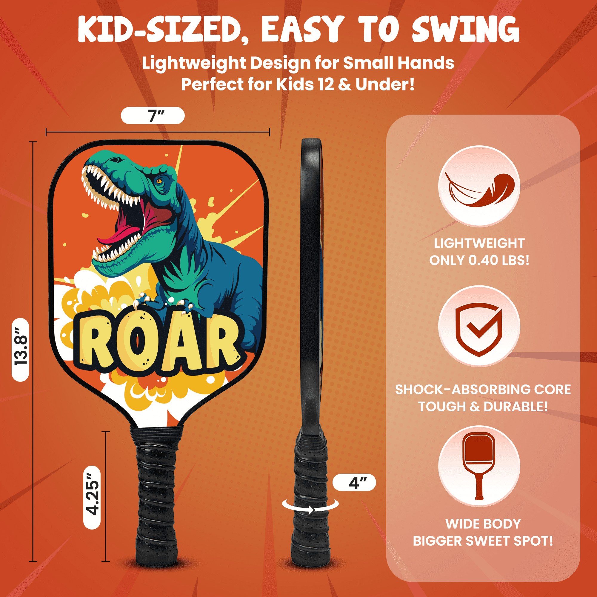 Dany x Kevin Kids Pickleball Paddle Fiberglass Lightweight Beginner Racket (Dinosaur, 0.37 lb) 3gc8u