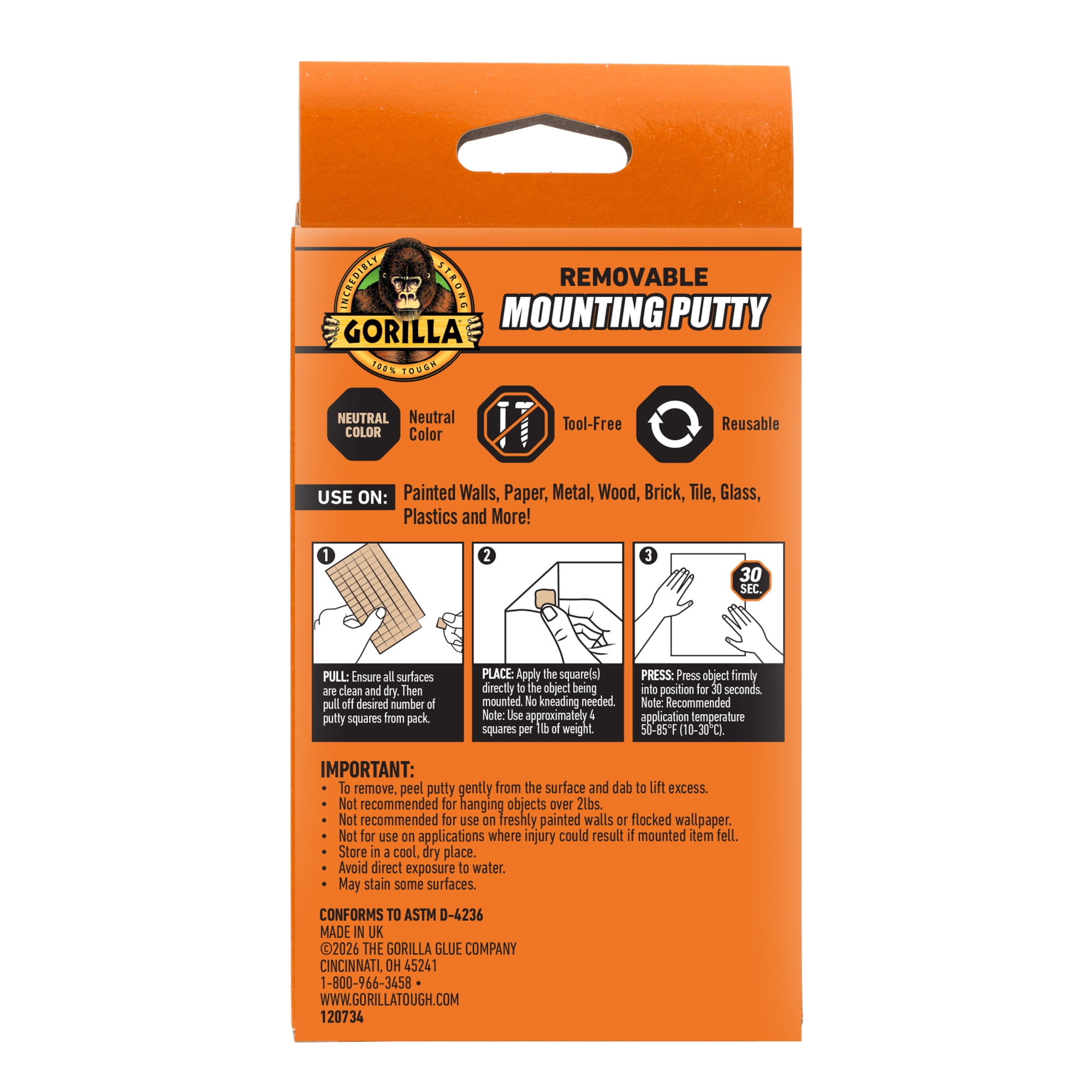 Gorilla Mounting Putty, Removable Wall Adhesive for Lightweight Items (Beige, 168 Pre-Cut Squares) 13mns