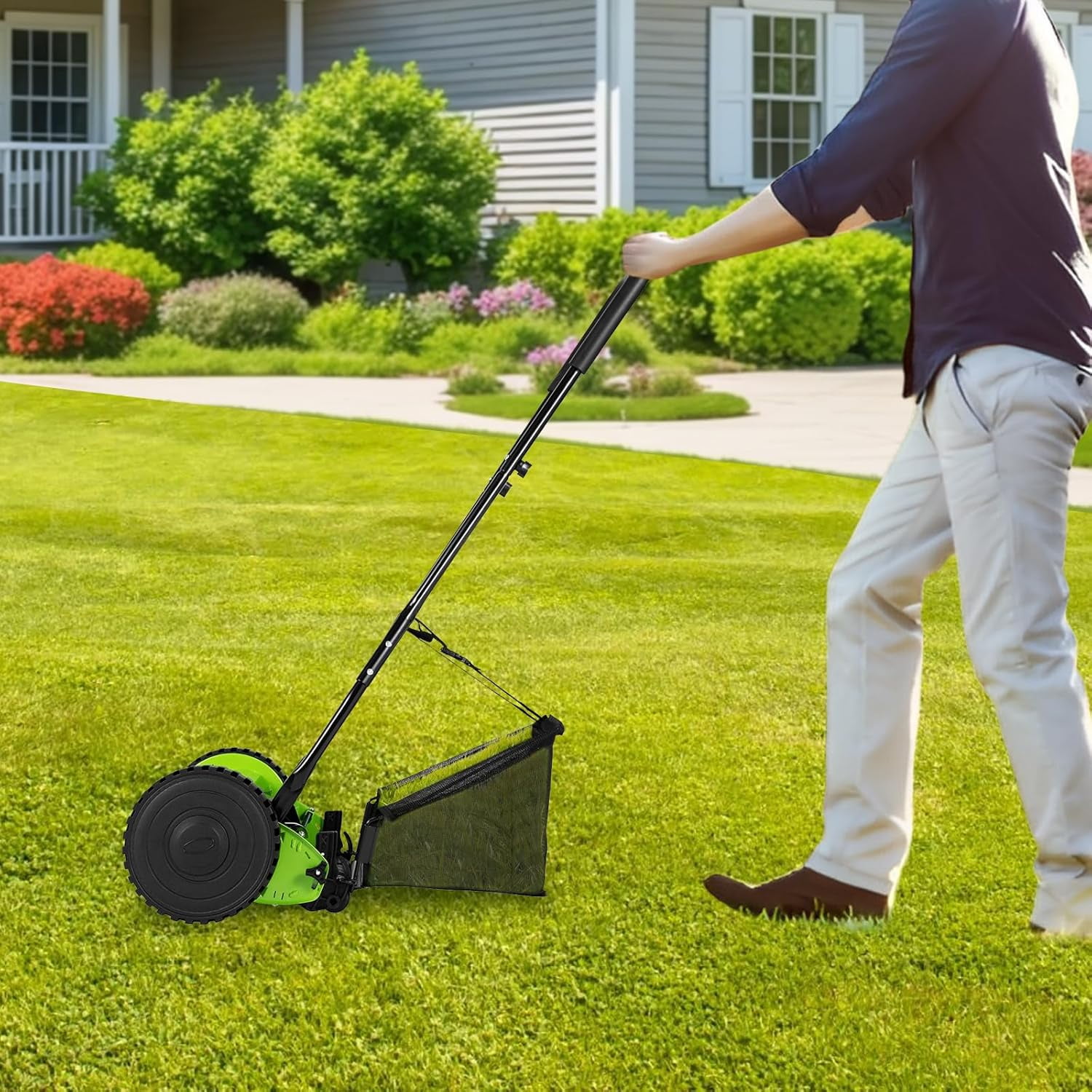 Generic Manual Lawn Mower Push Reel Grass Cutter with Adjustable Height and Collection Bag (Green, 12 in) lfryg