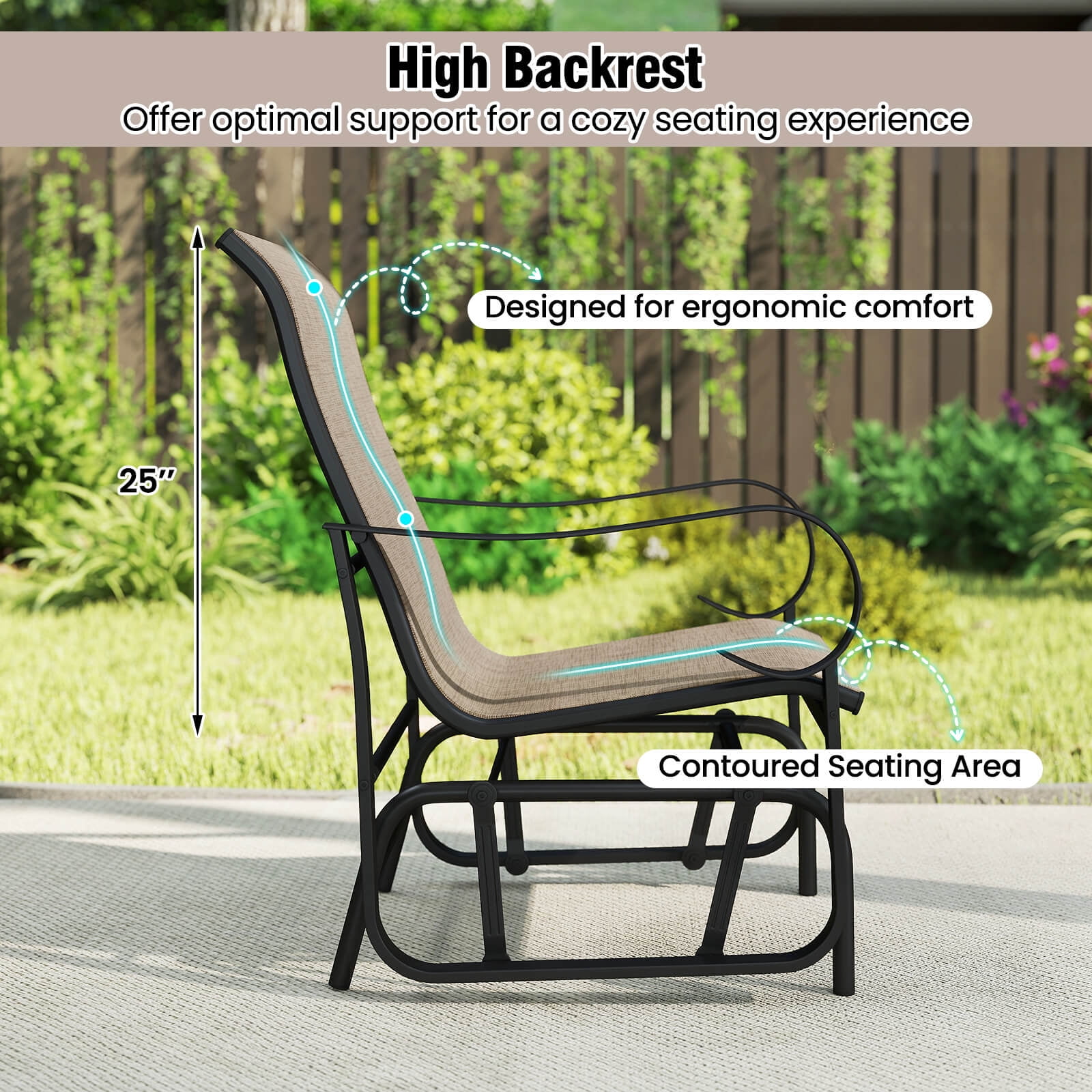Costway Outdoor Glider Chairs Set of 2, Patio Rocking Chairs with High Backrest and Metal Frame (Brown, 2-Pack) z9uwx