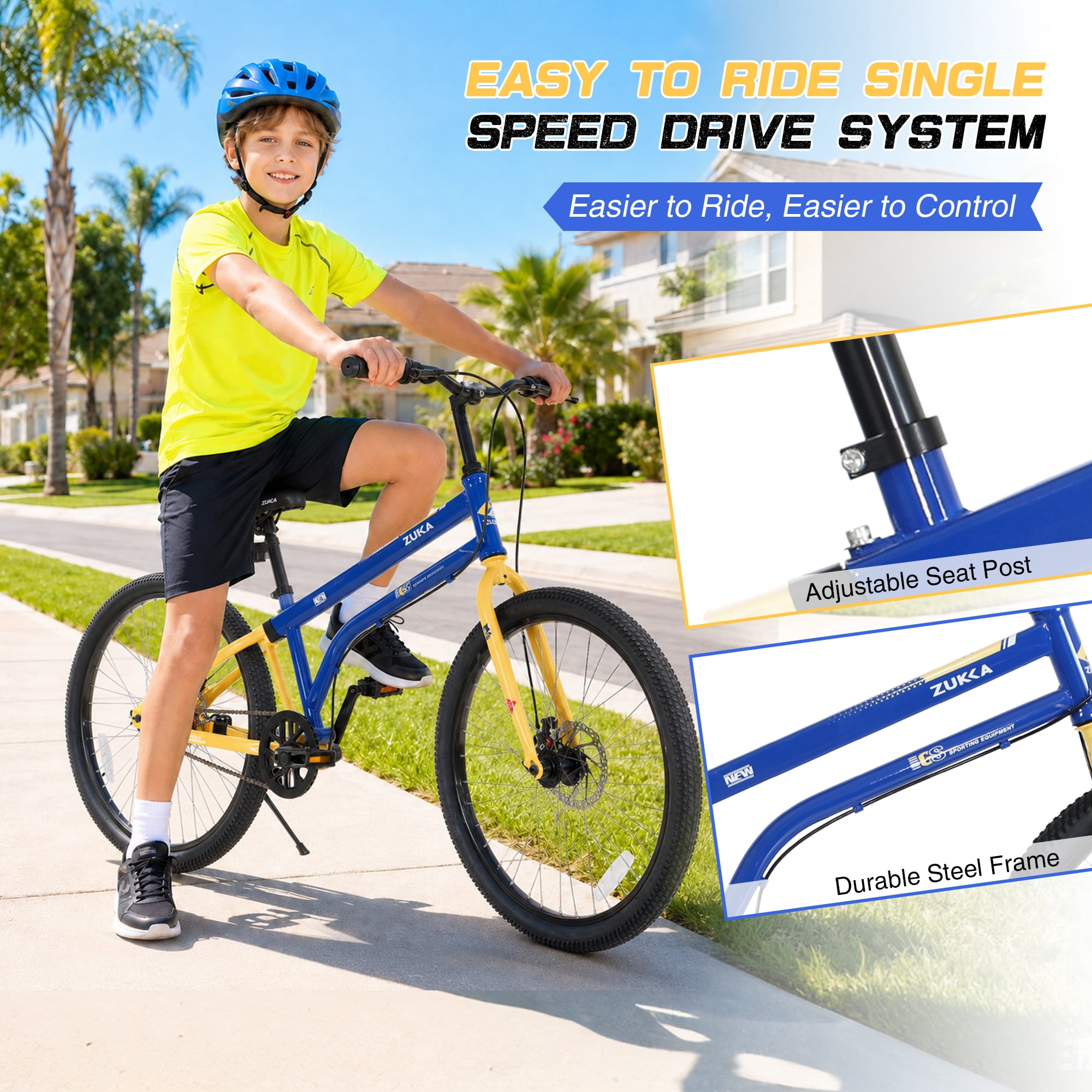 Ambifirner 24-Inch Kids Mountain Bike, Durable Steel Frame with Dual Disc Brakes (Blue/Yellow, 220 lb Capacity) hdmq7
