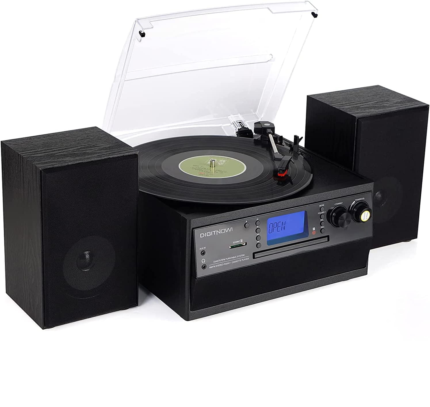 EYESEN Vintage Record Player with Bluetooth, CD Player, Cassette Deck, and AM/FM Radio (Stereo Speakers, Remote Control) bshug