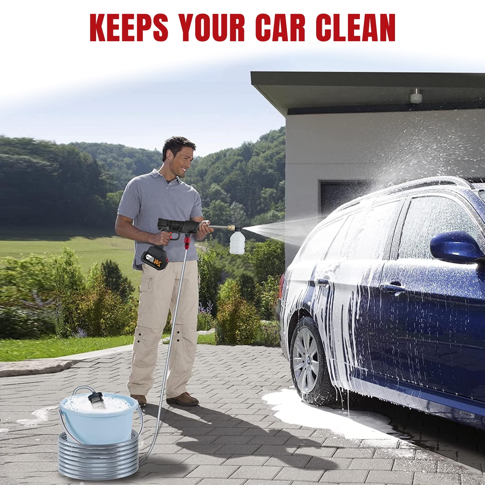 DFITO Cordless Power Pressure Washer, Portable High-Pressure Cleaner with 3-in-1 Adjustable Nozzle and 16.4 ft Hose (21V, 2.4Ah Battery) 96zxd