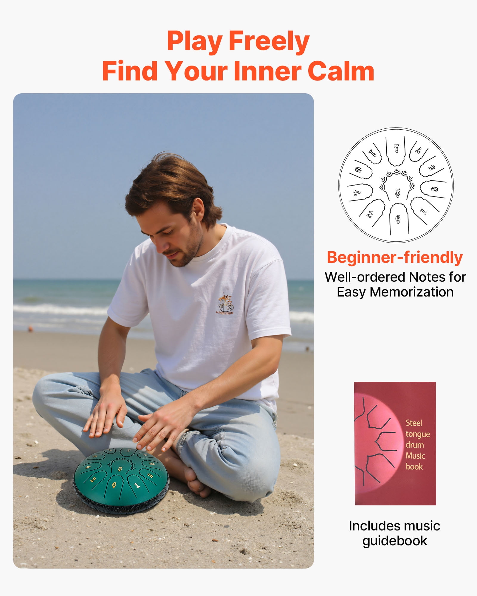 VEVOR Steel Tongue Drum, 11-Note Percussion Instrument for Meditation and Yoga (Green, 6 in) 7d9sf