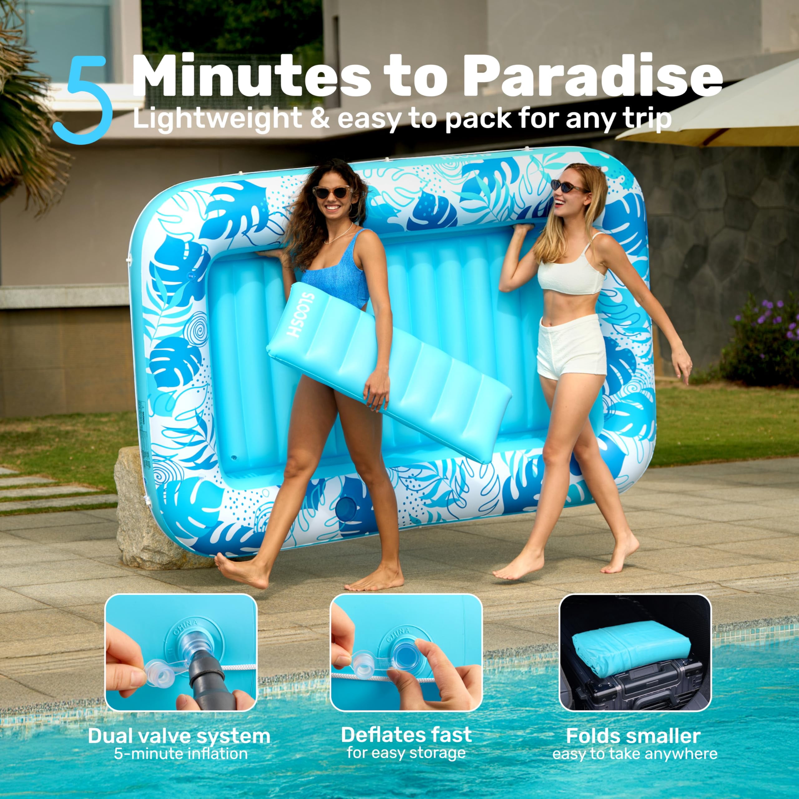 SLOOSH Inflatable Tanning Pool Lounger Float, Extra Large Suntan Bed for Adults (Blue, 85 in x 57 in) g1yek