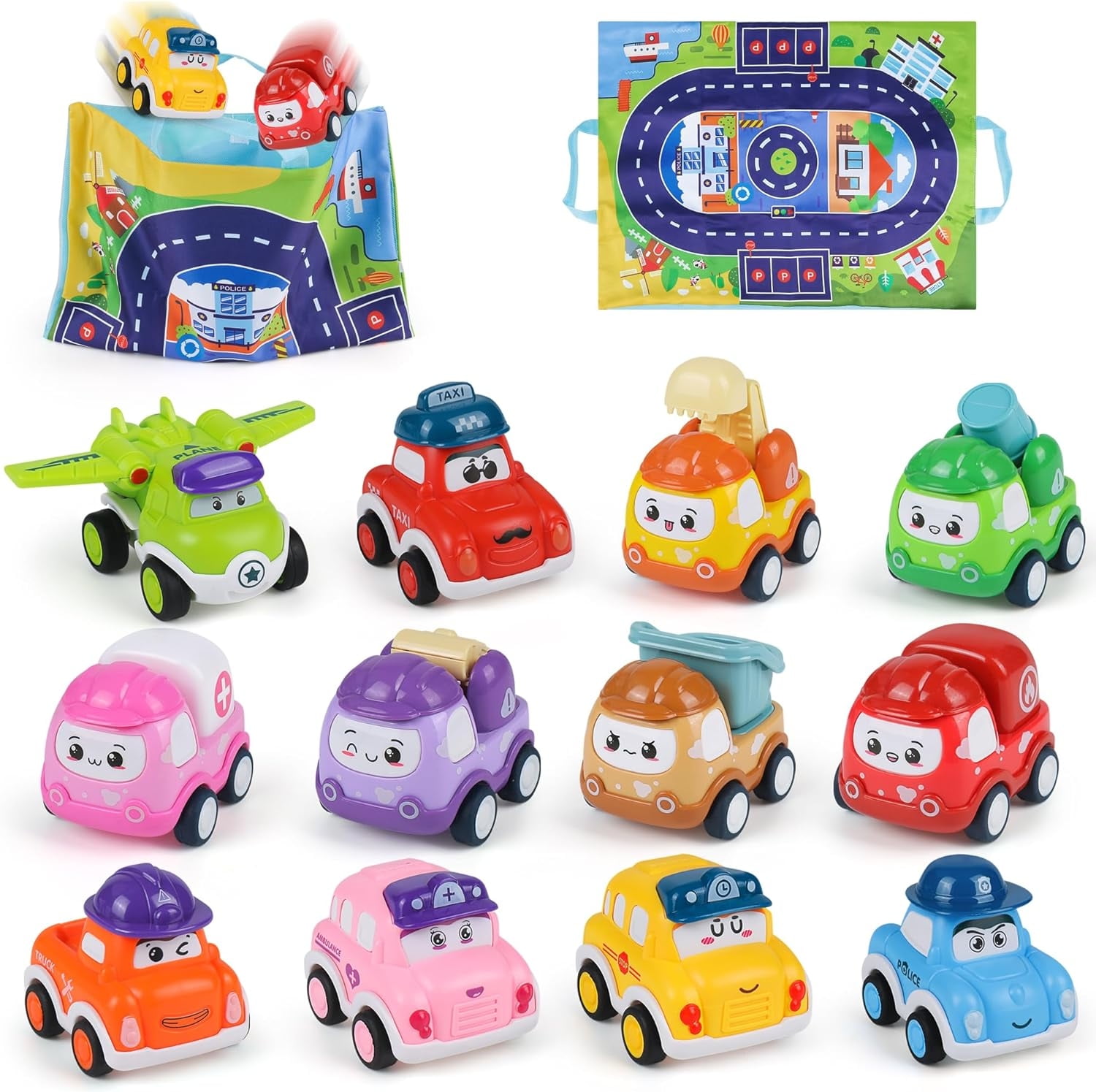 Tepear Pull-Back Vehicle Set with Play Mat and Storage Bag (12-Piece Set) ugptc
