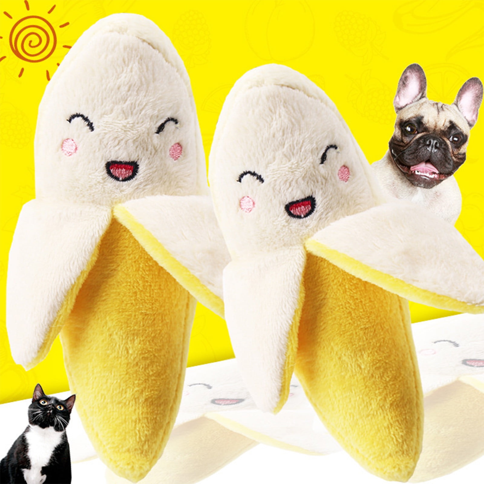 Sgeqmo Plush Banana Chew Toy for Dogs and Cats (Yellow, 2 Pack, 6.3 in) 3bggc