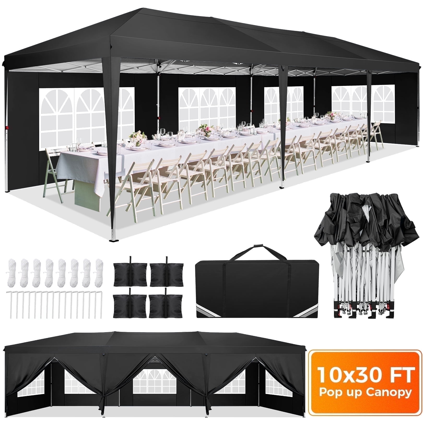 SANOPY 10 x 30 ft Pop Up Canopy Tent, Heavy-Duty Commercial Outdoor Shelter with 8 Removable Sidewalls and Carrying Bag (Black, 10 x 30 ft) oep66
