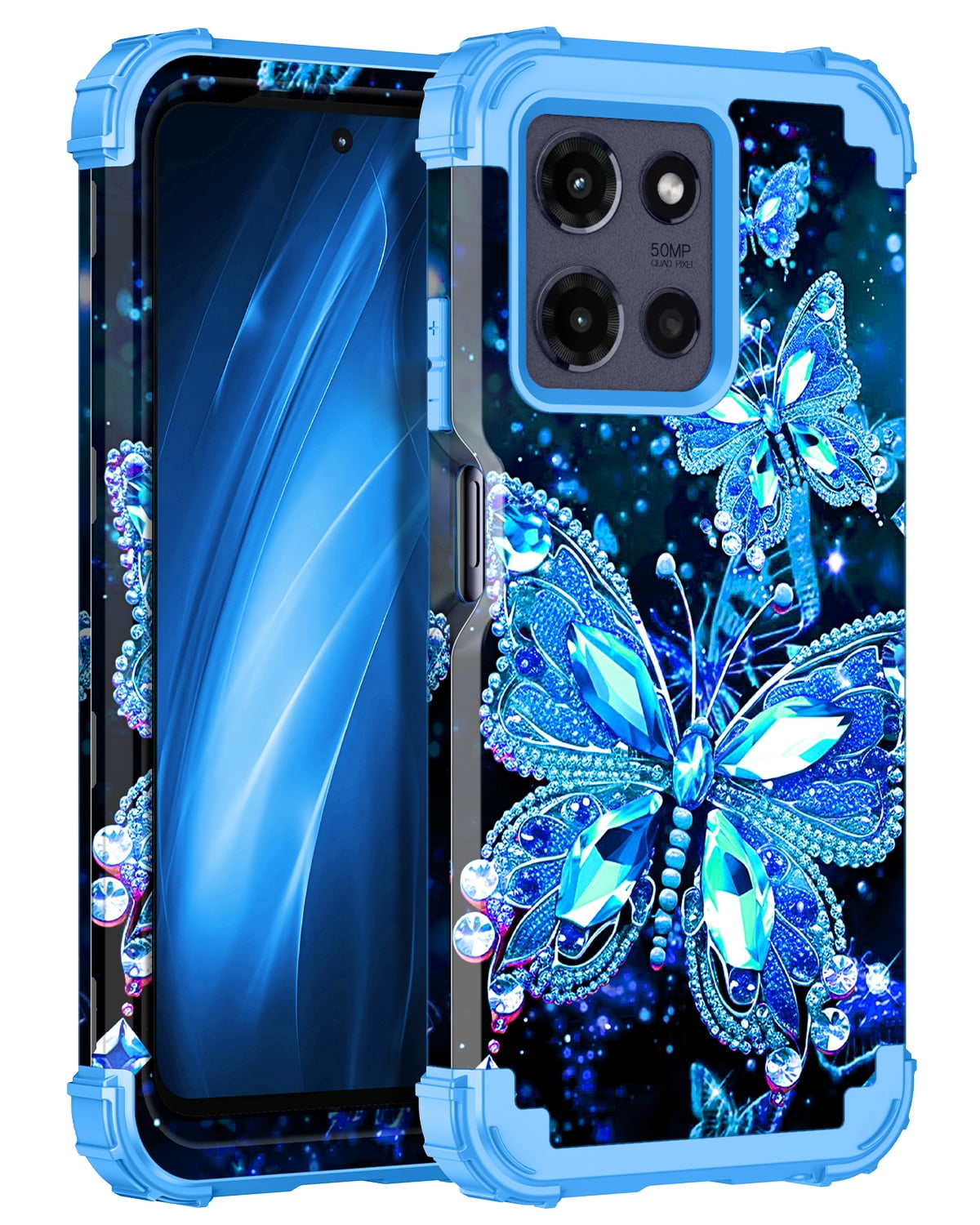 Casetego for Moto G Power 5G 2025 Case, Heavy Duty Shockproof Glow in the Dark Protective Cover (Black Blue Butterfly, 6.8 in) 19apo