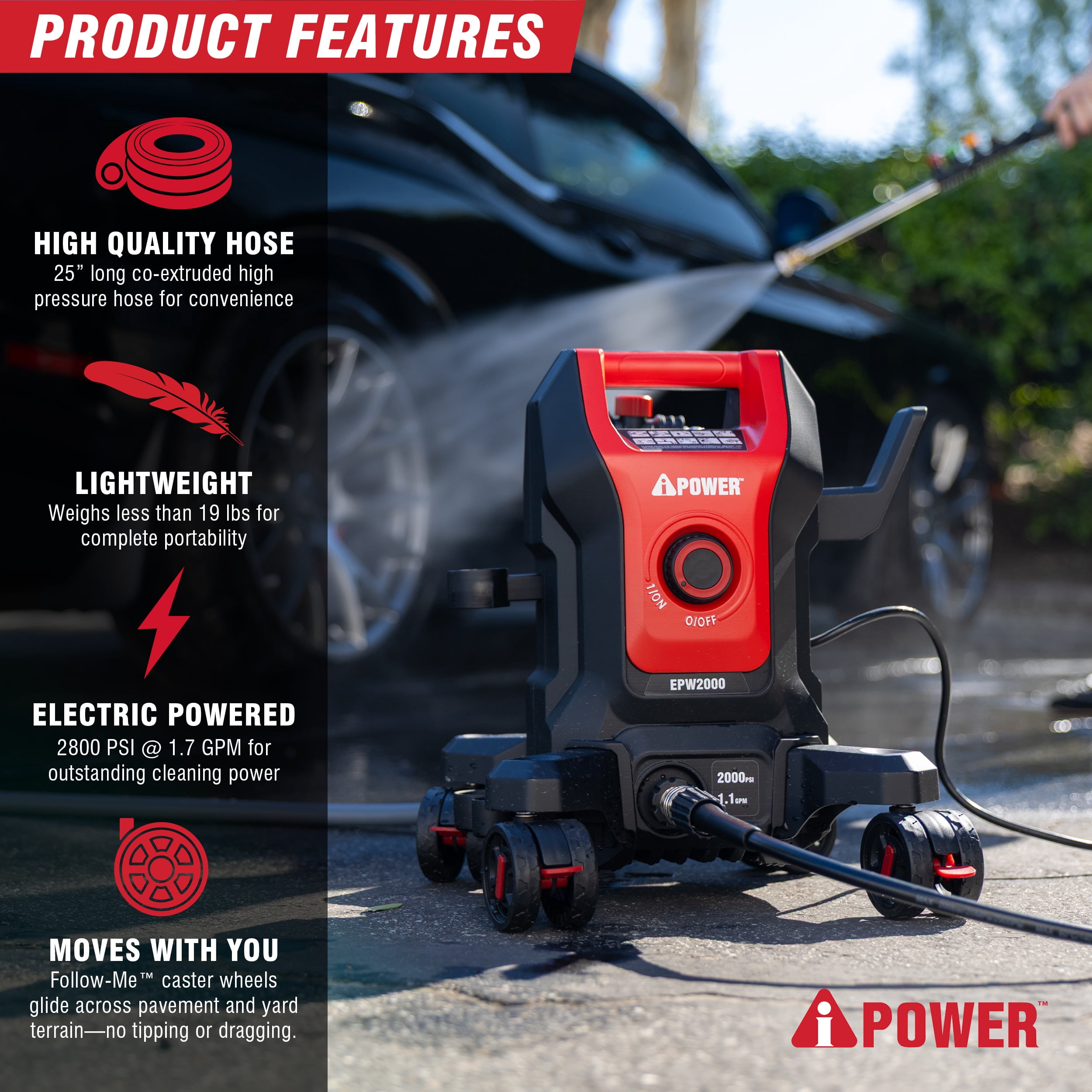 A-iPower E2800-FM Electric Pressure Washer with Follow-Me 4-Wheel Design and 5 Nozzles (2800 PSI, 1.7 GPM) rerev