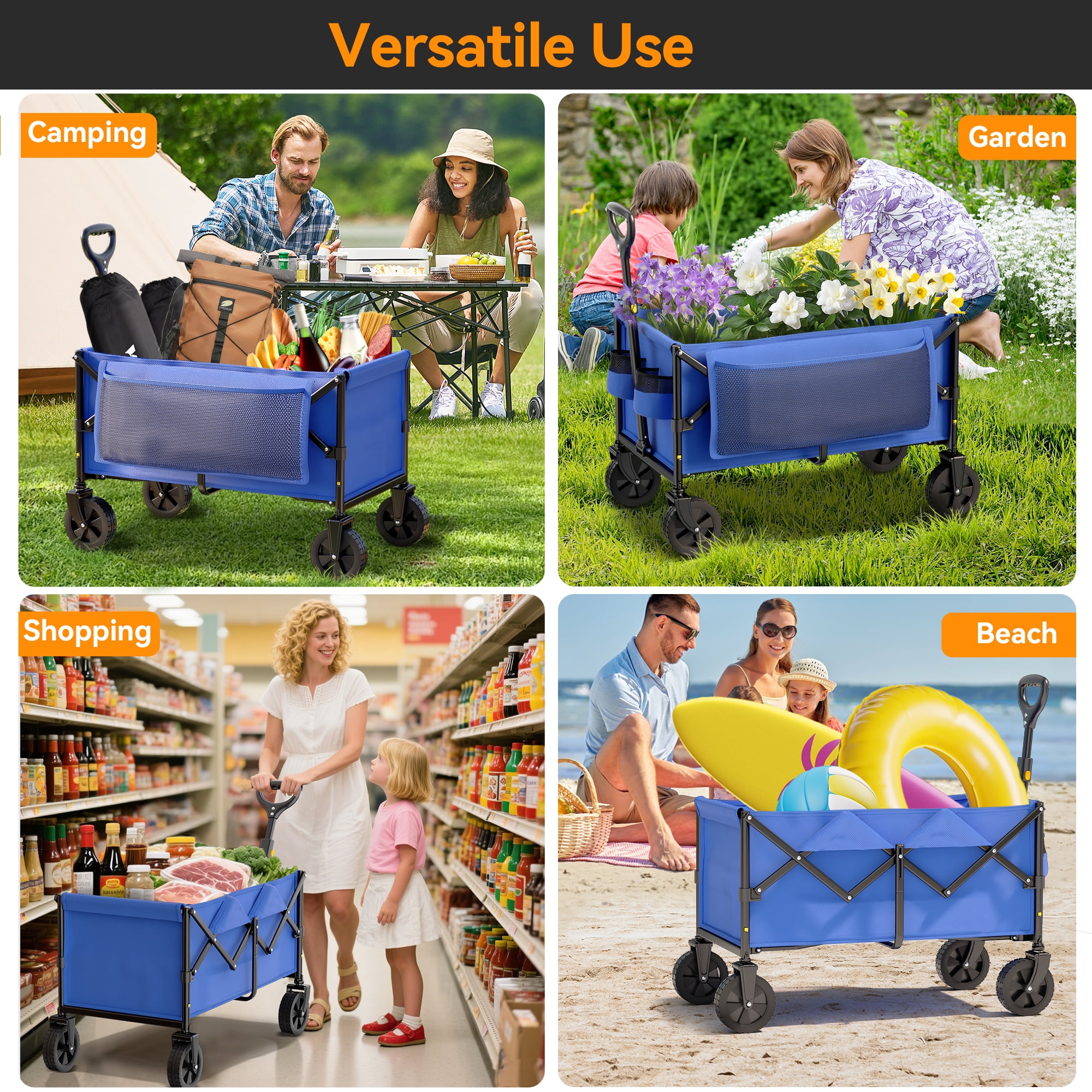 VECUKTY Collapsible Folding Utility Wagon, Heavy-Duty Outdoor Cart for Camping and Gardening (Blue, 300 lb Capacity) 40el2