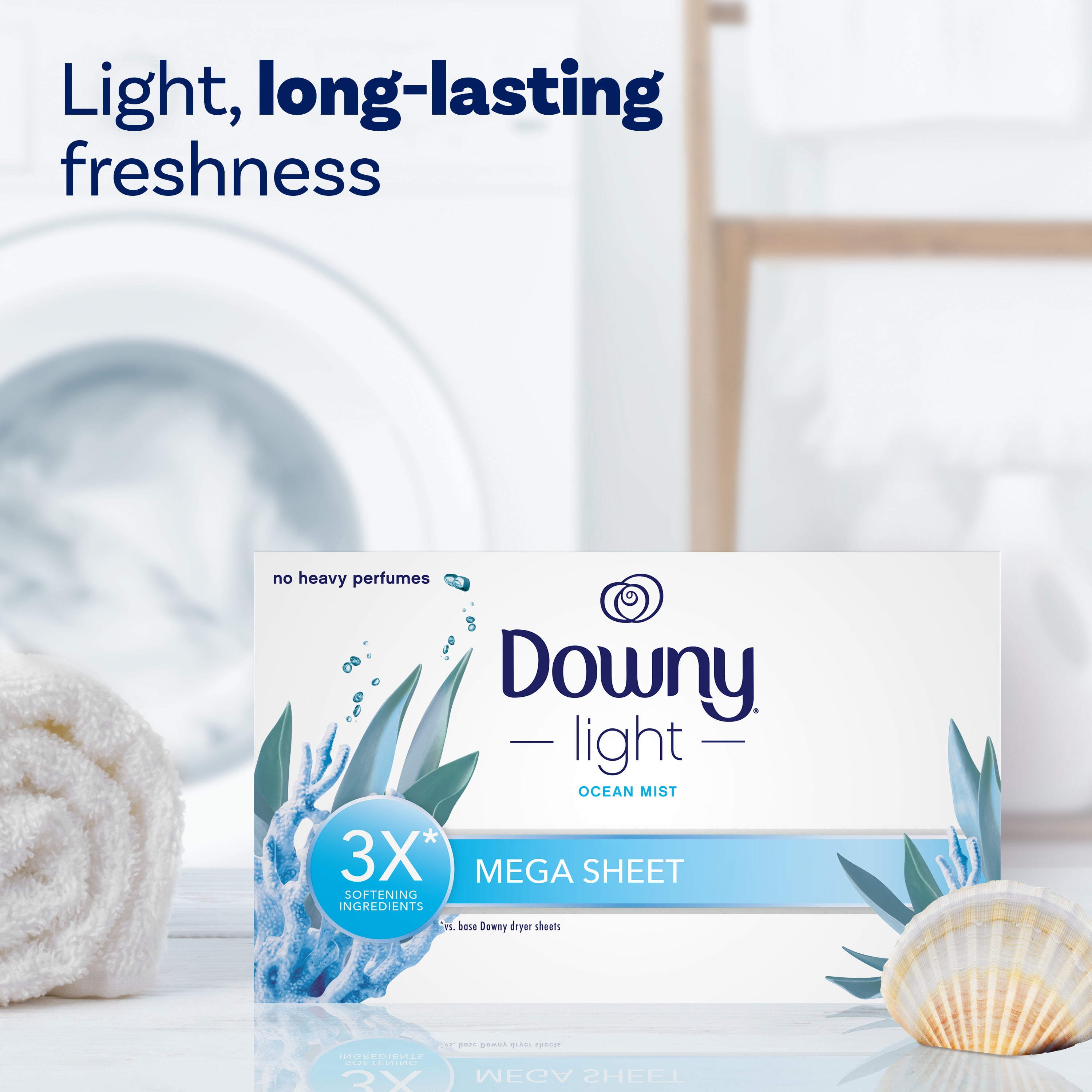Downy Light Mega Dryer Sheets, Ocean Mist, Fabric Softener with Anti-Static and Wrinkle Reduction (80 Count) 08u33