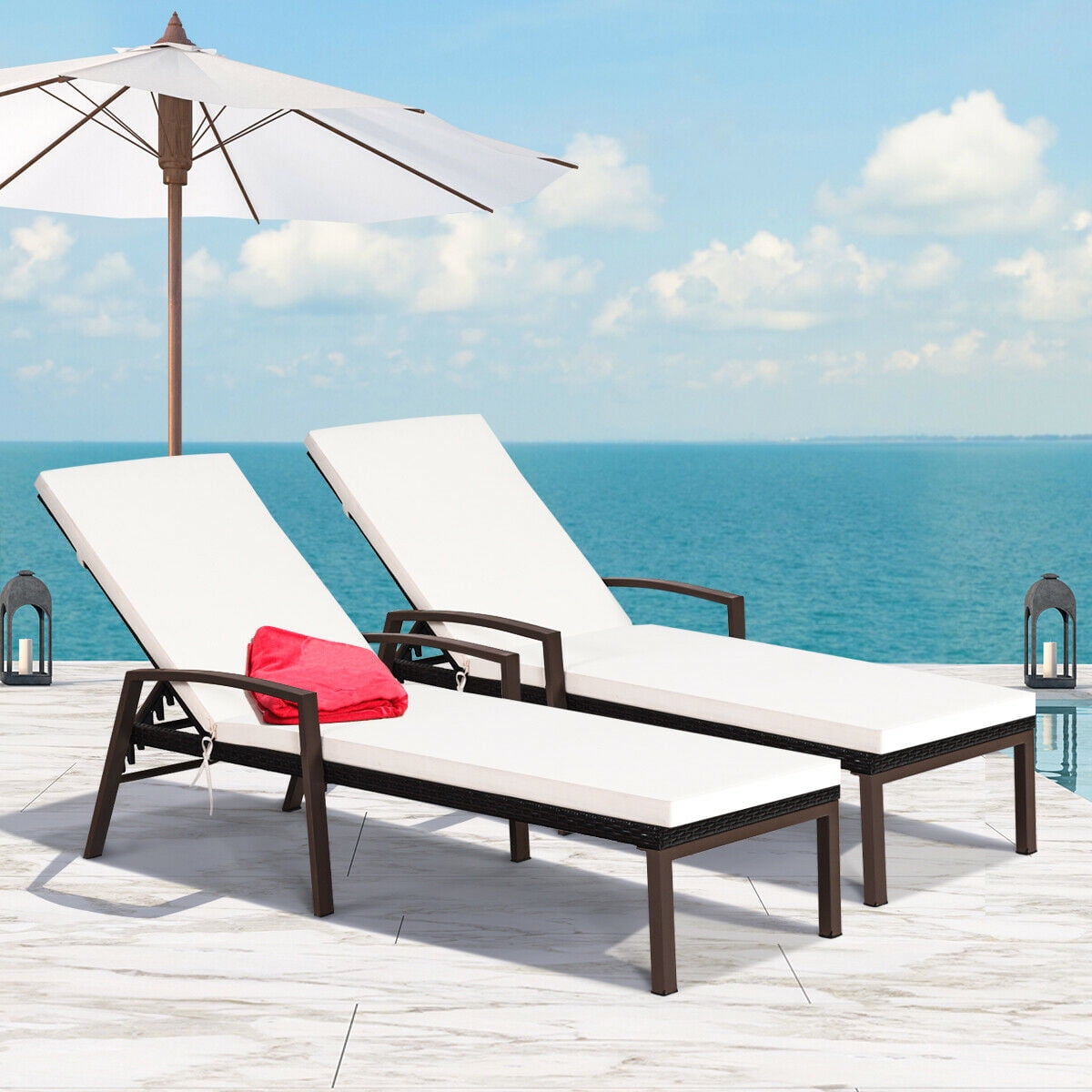 Costway 2-Piece Patio Rattan Lounge Chair Set with Adjustable Backrest and Cushions (Off-White) gvlci