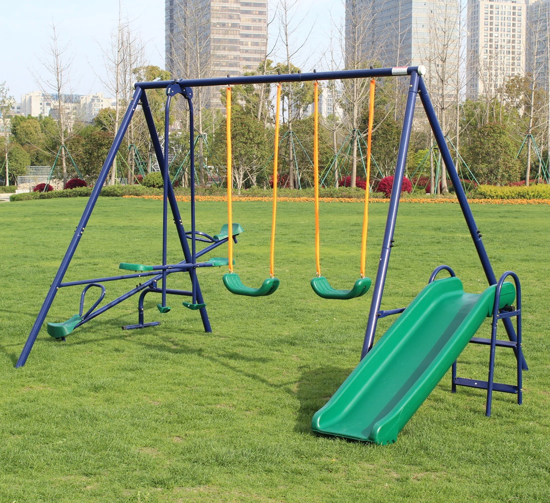 SHINPT 5-in-1 Kids Outdoor Swing Set, Backyard Playground with Slide and 4 Swings (Blue) 23q0v